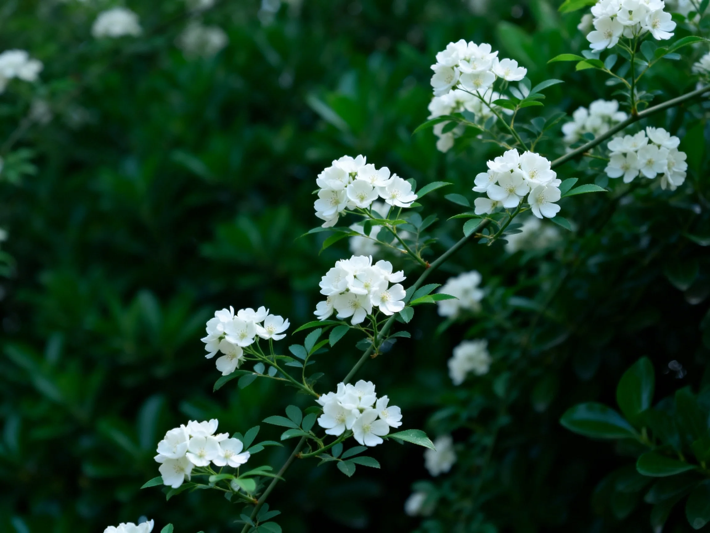 Delicate white flower clusters amidst dense dark green foliage