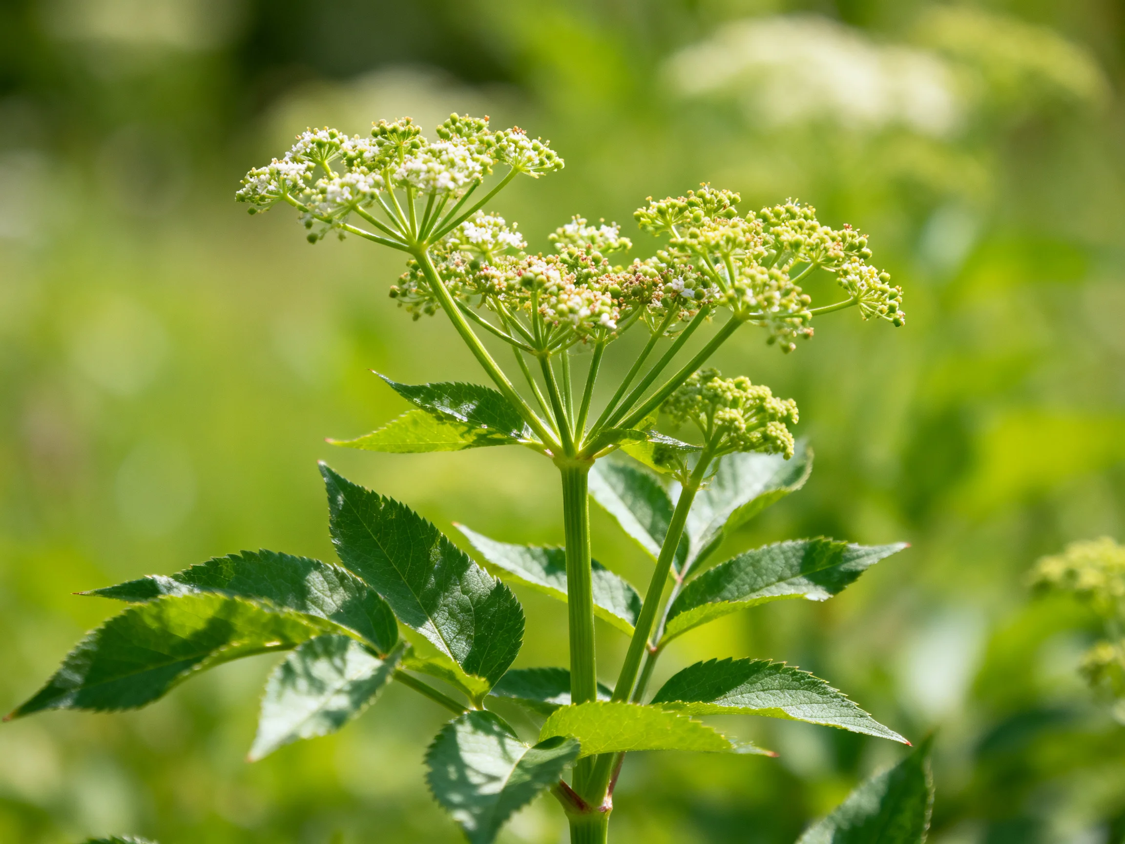 Delicate white flower clusters atop lush green foliage