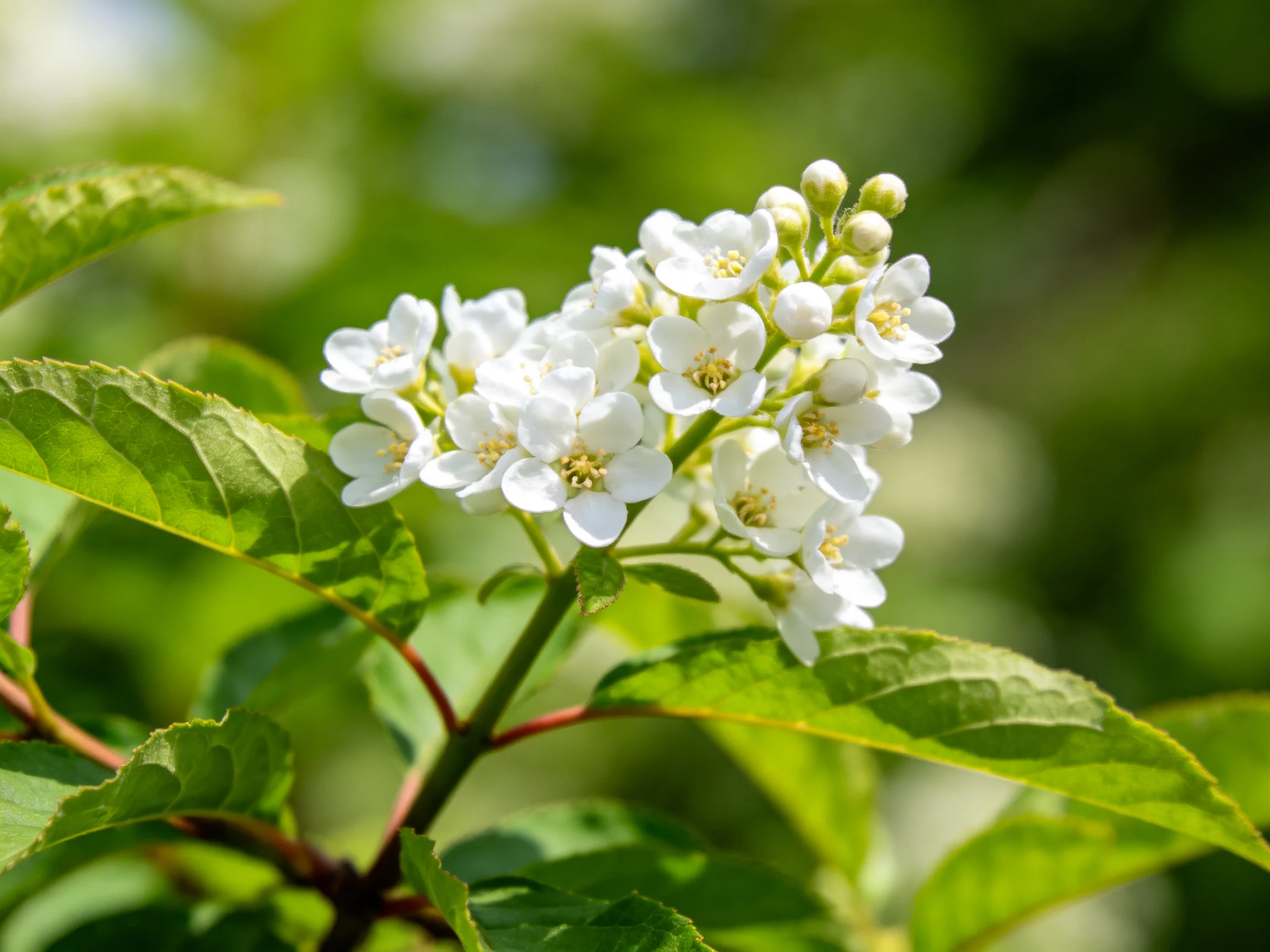 Delicate white flower clusters with vibrant green leaves