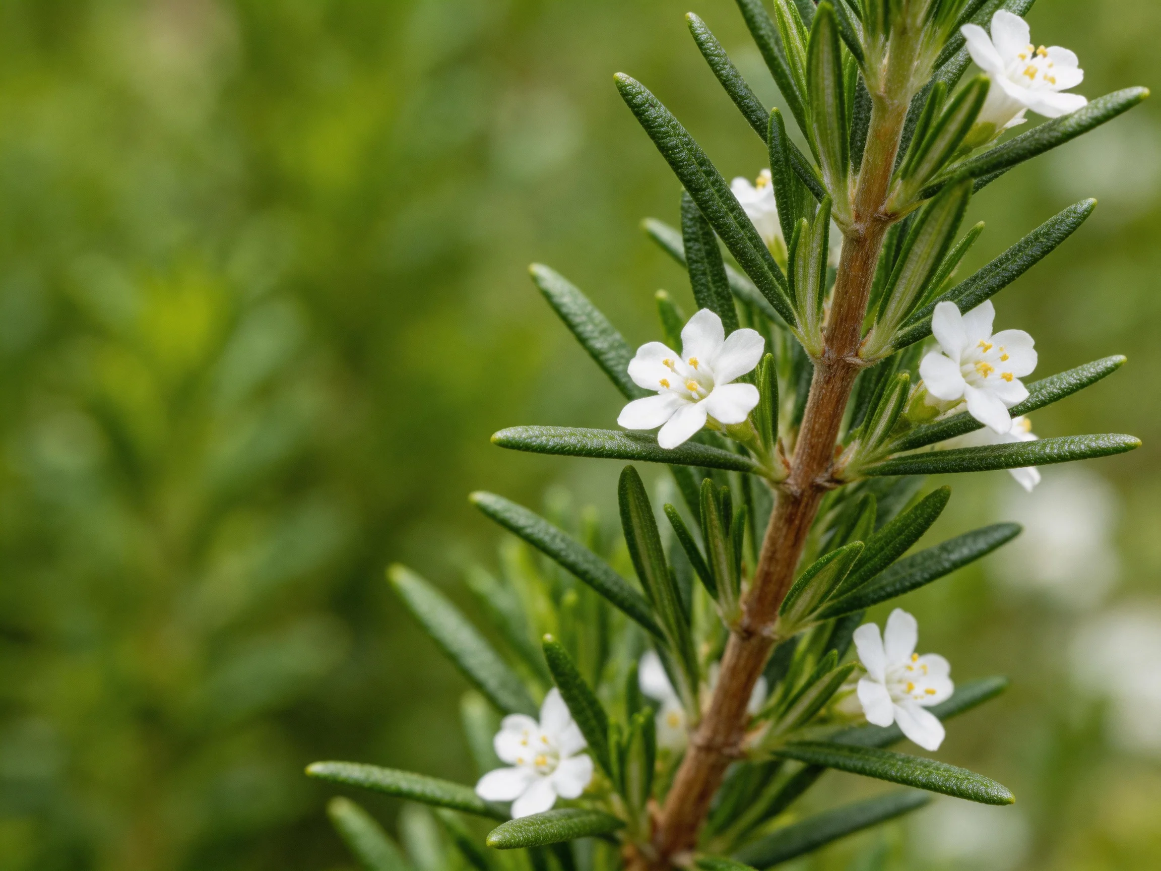 Delicate white flowers adorn a plant with dark green needle - like leaves