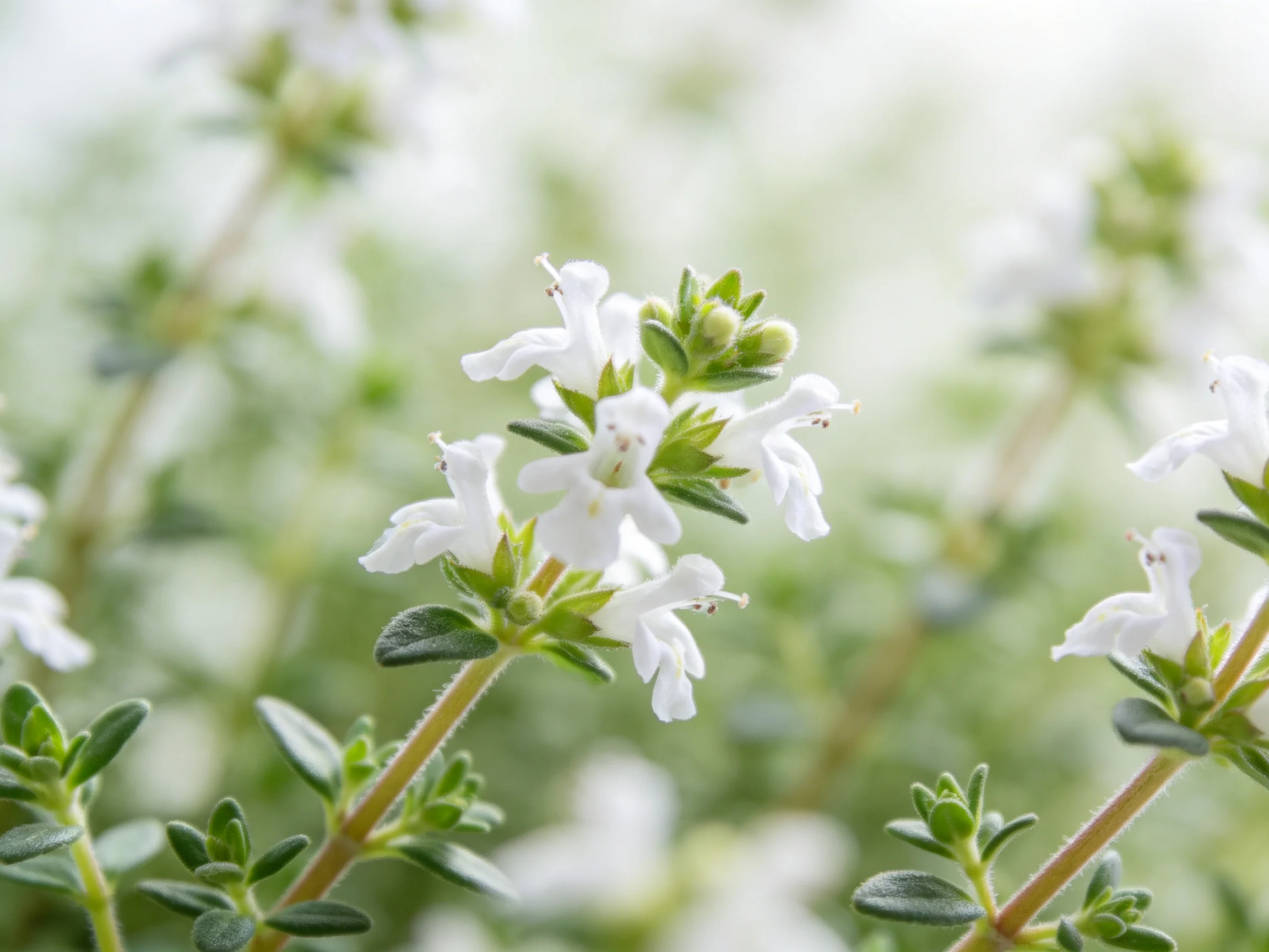 Delicate white flowers bloom among lush green herb stems