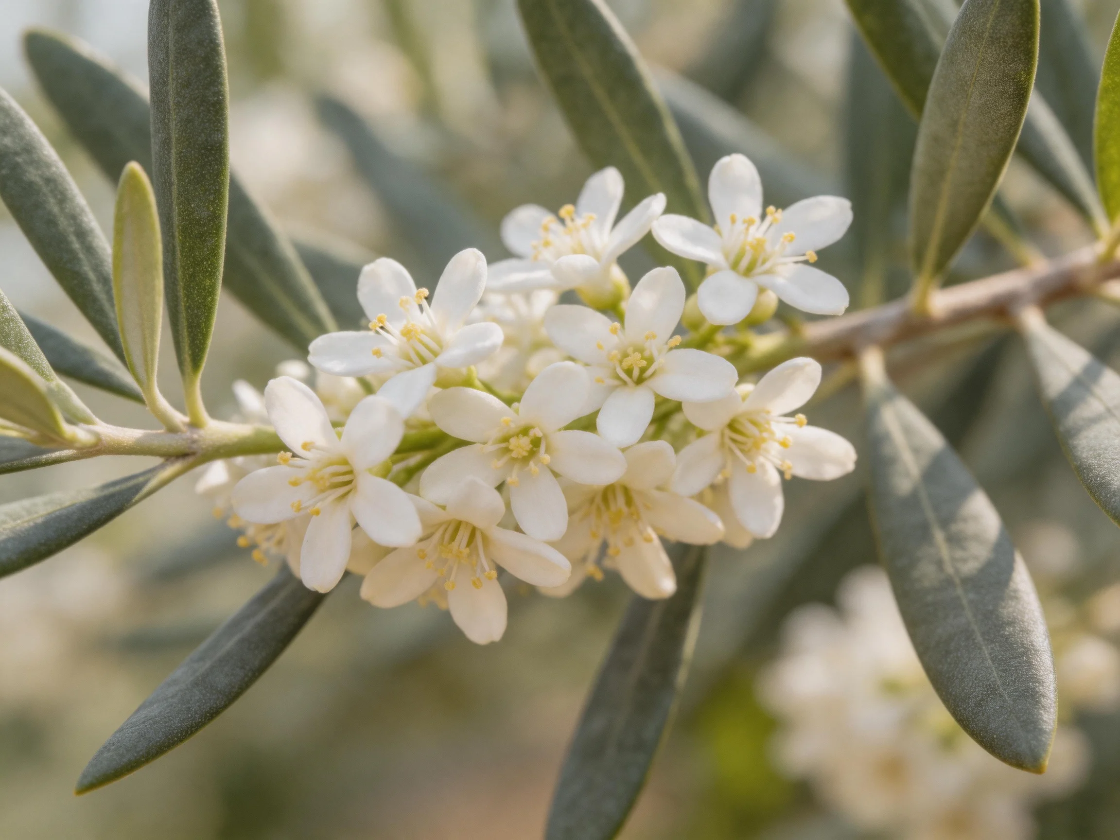 Delicate white flowers cluster amid olive-green elongated leaves