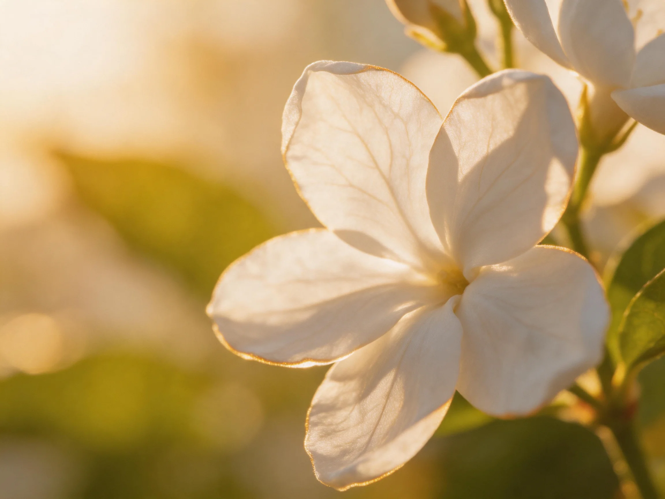Delicate white petals illuminated by warm golden sunlight