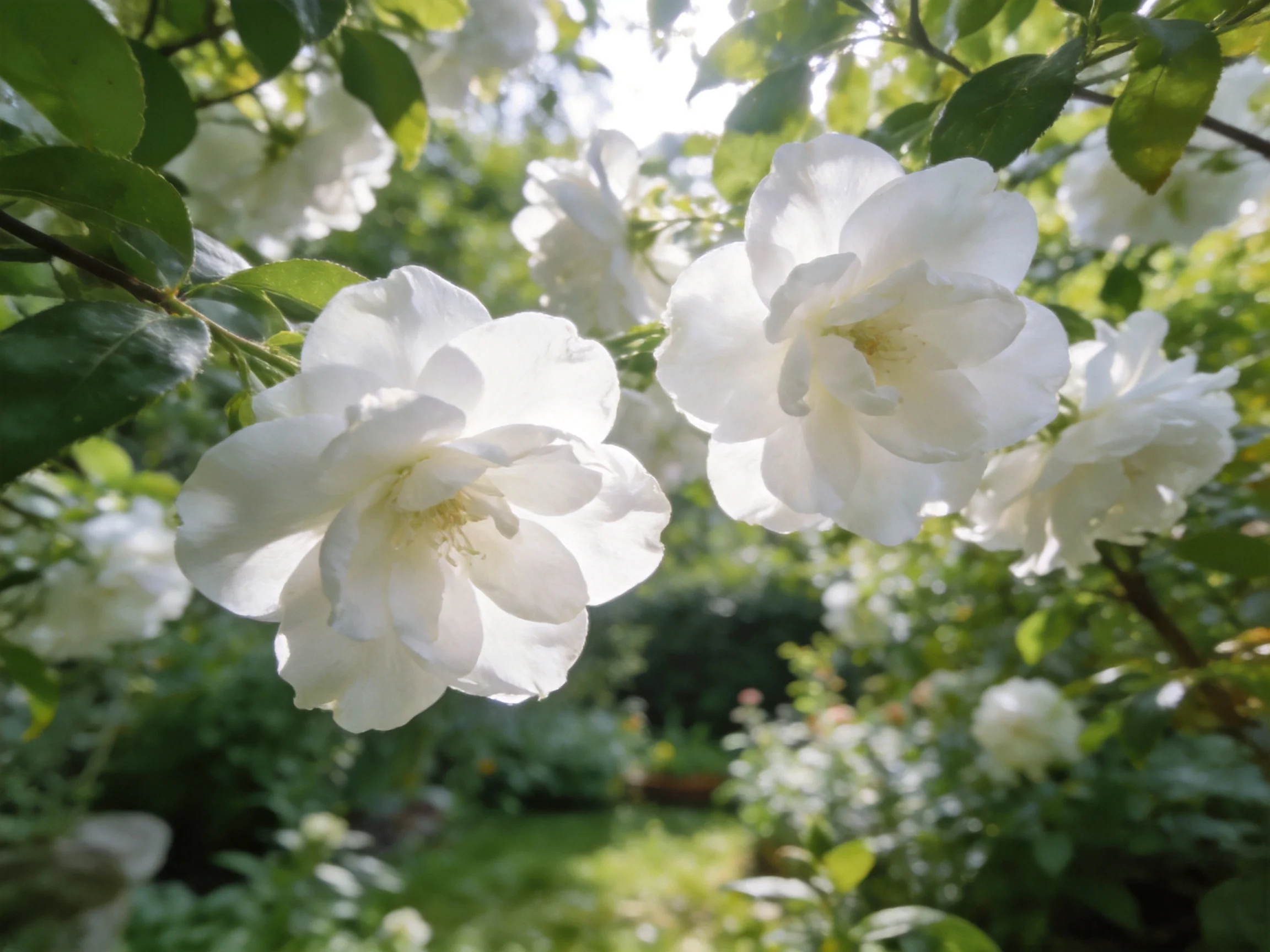 Delicate white roses bloom in a sun-dappled garden