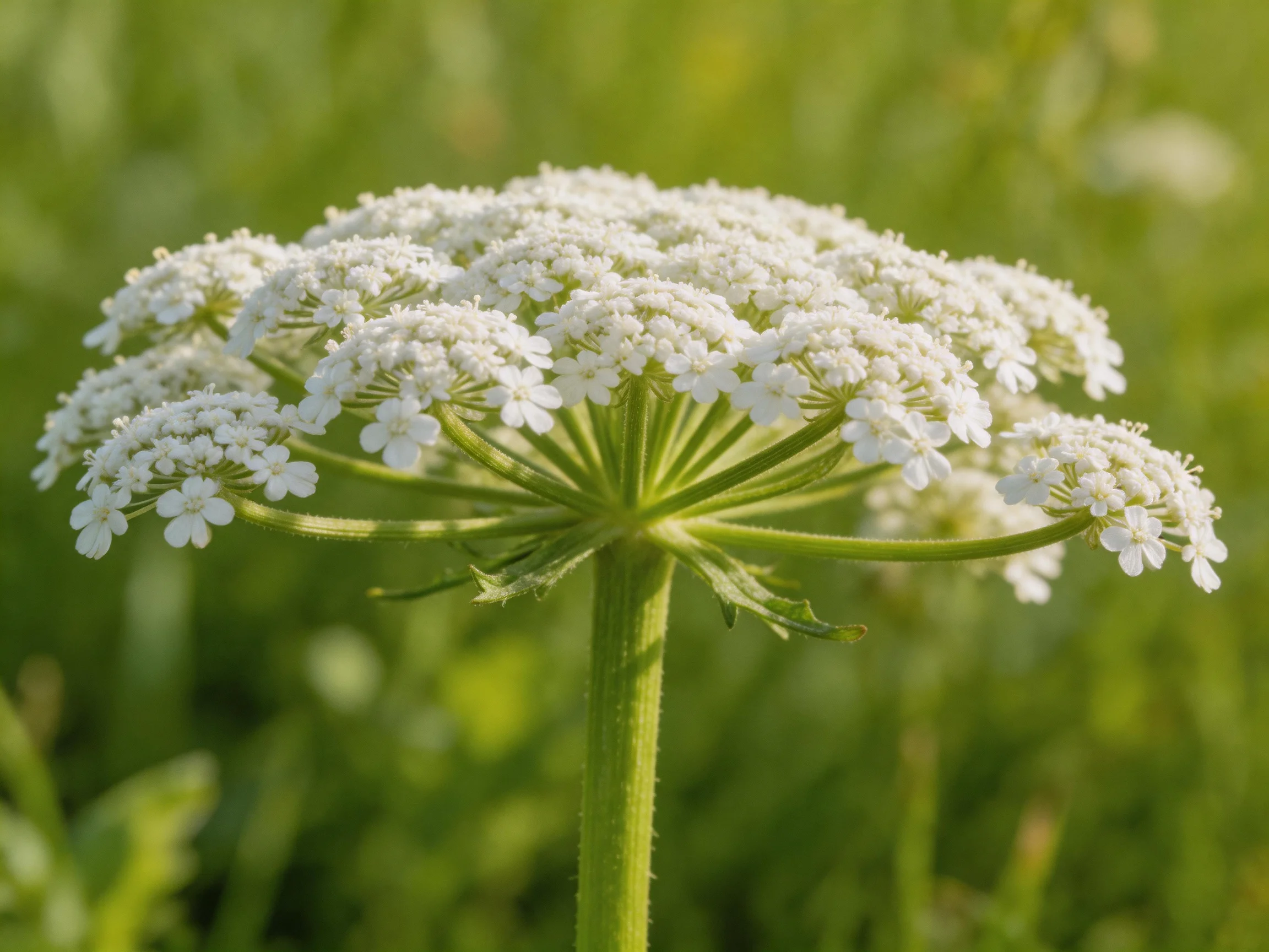 Delicate white wildflowers clustered atop a slender green stem