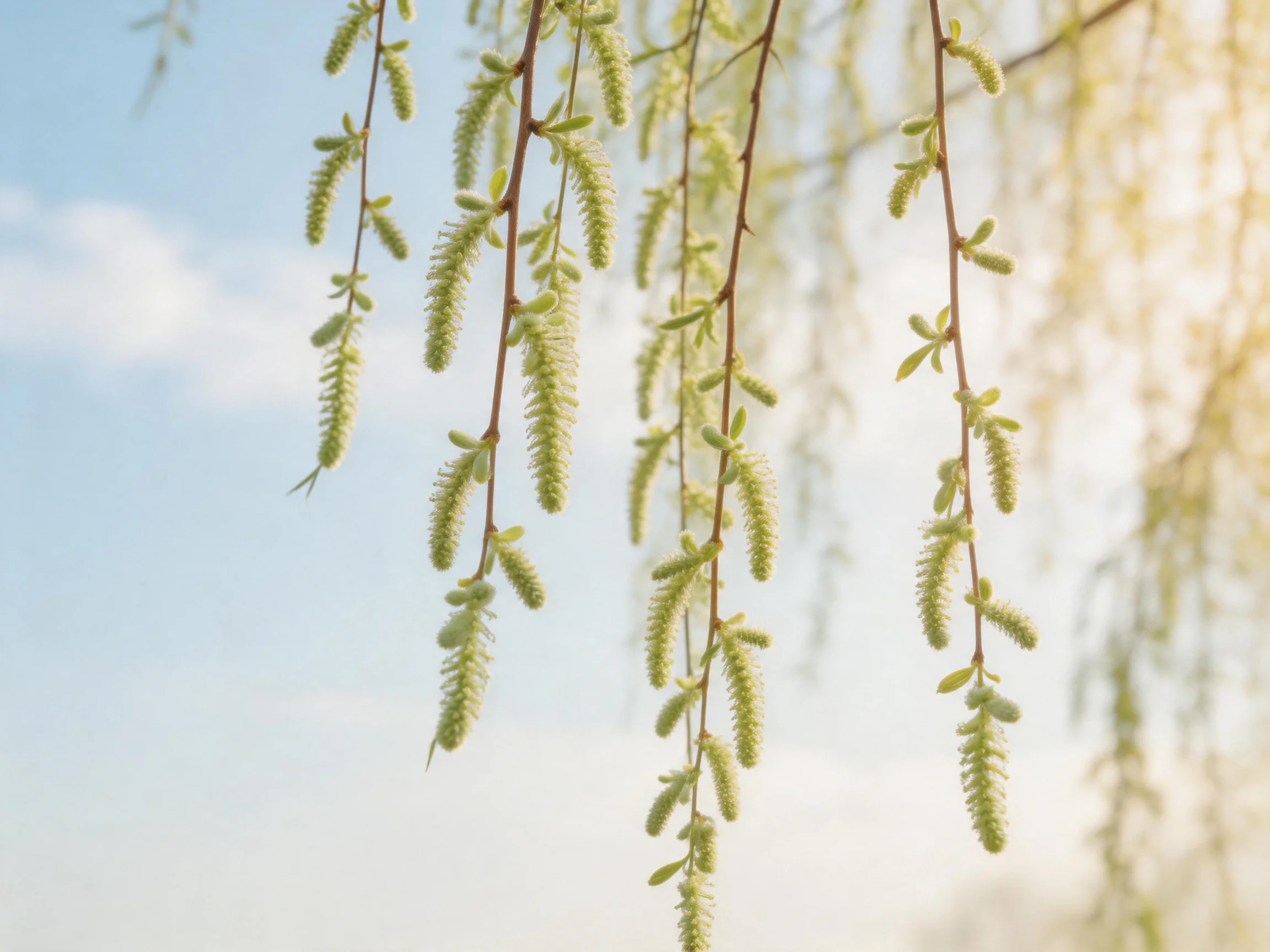Delicate willow branches display pale green catkins beneath a clear blue sky