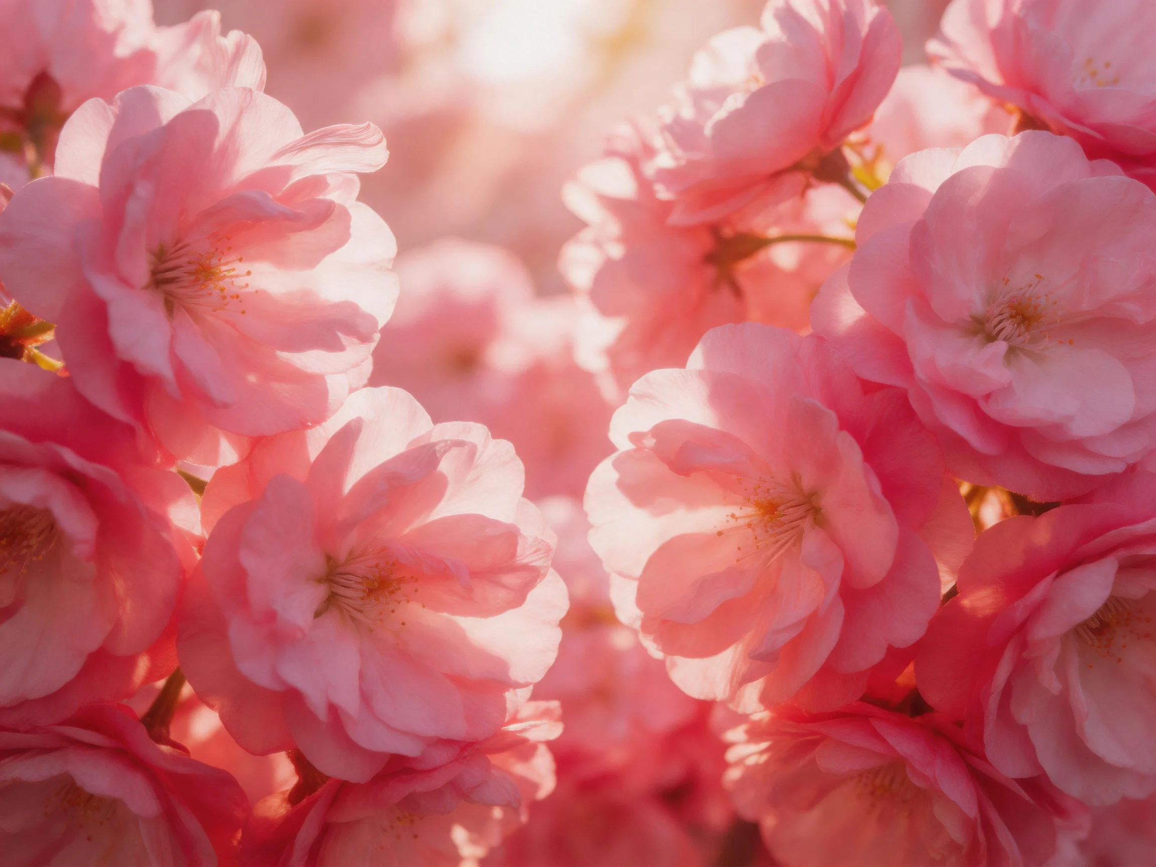 Dense Cluster of Soft Pink Cherry Blossoms Under Golden Sunlight