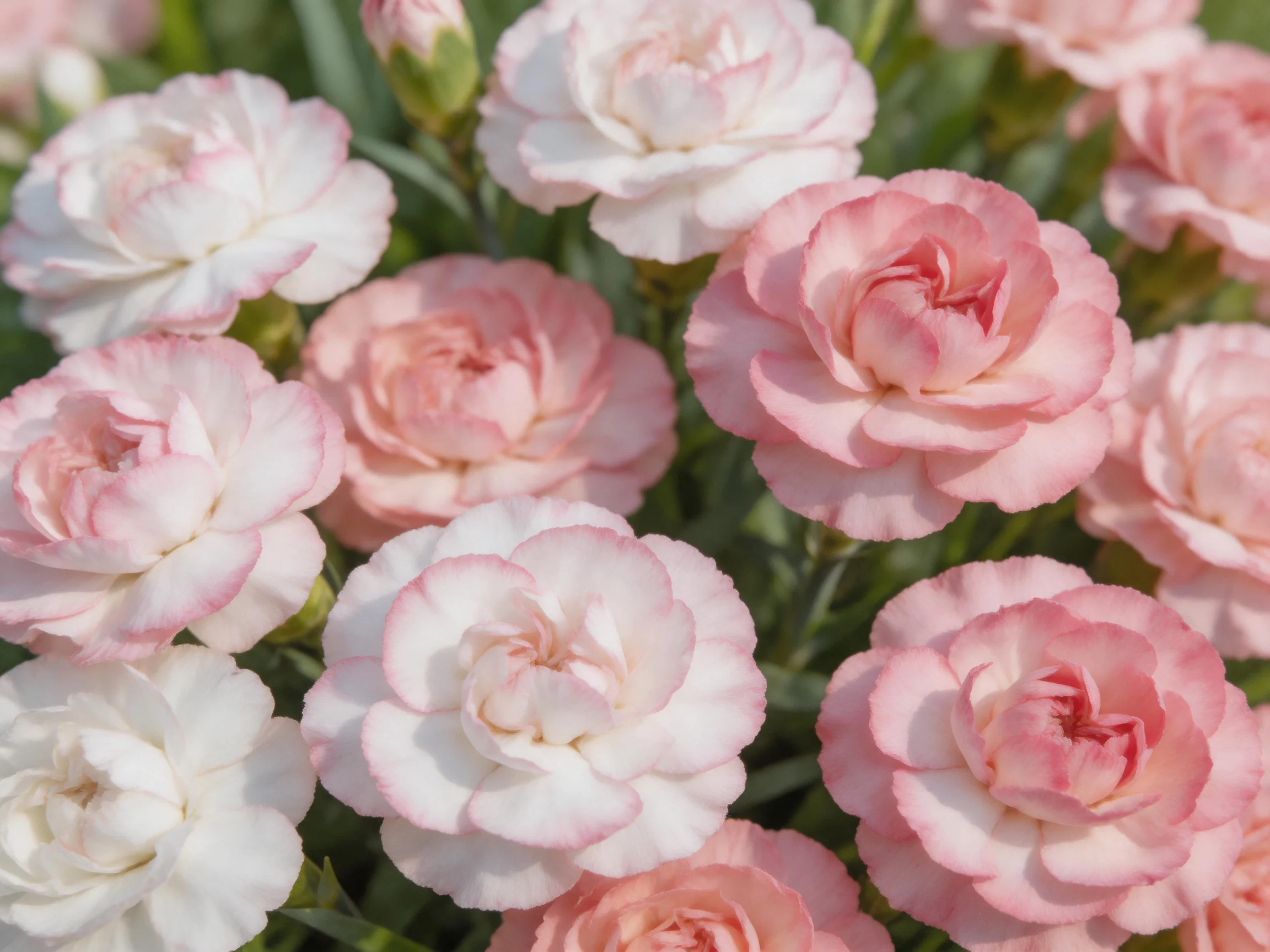 Dense cluster of pink and white carnations blooming in sunlight