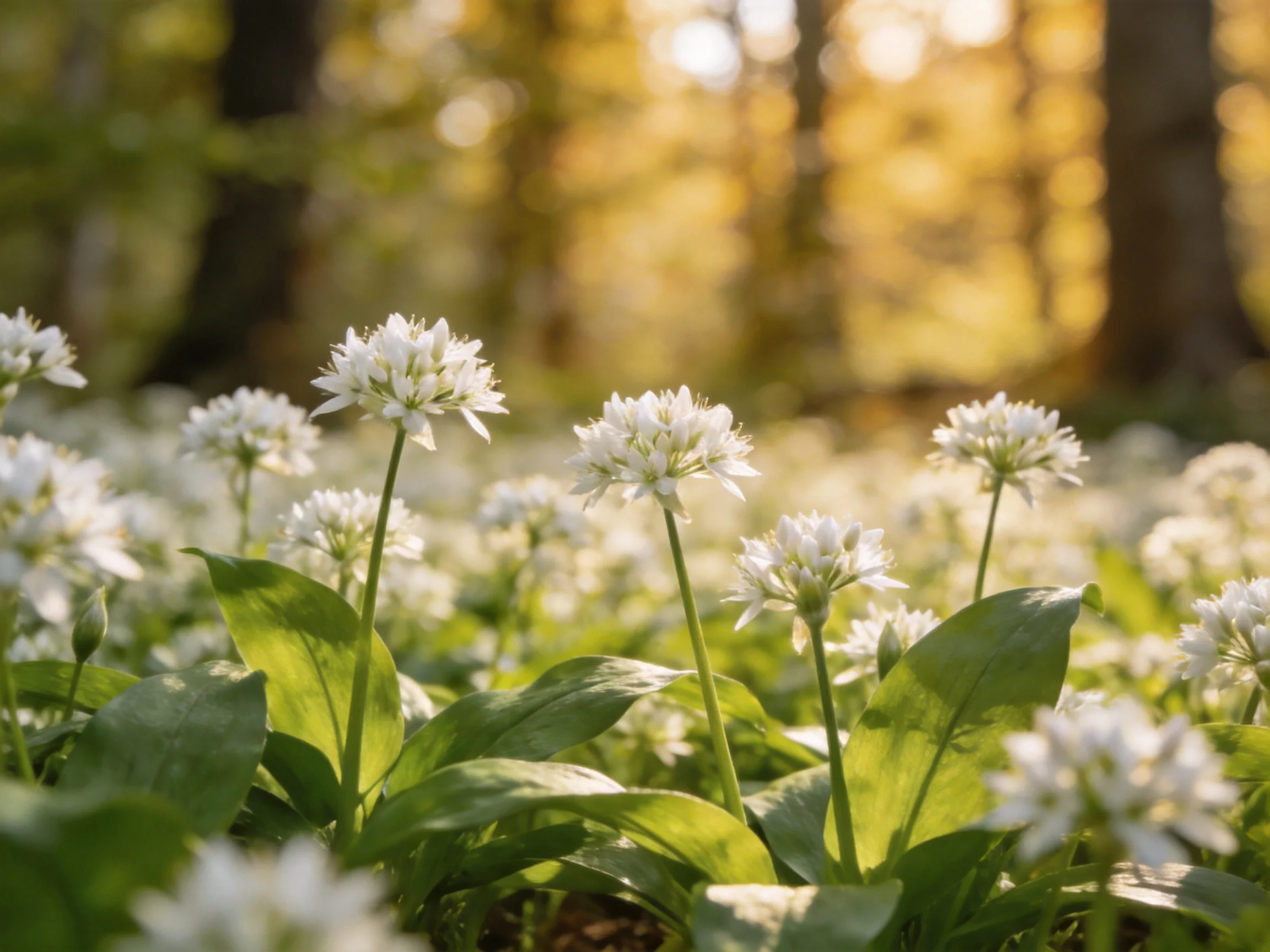 Dense cluster of small white wildflowers in a sunlit forest glade