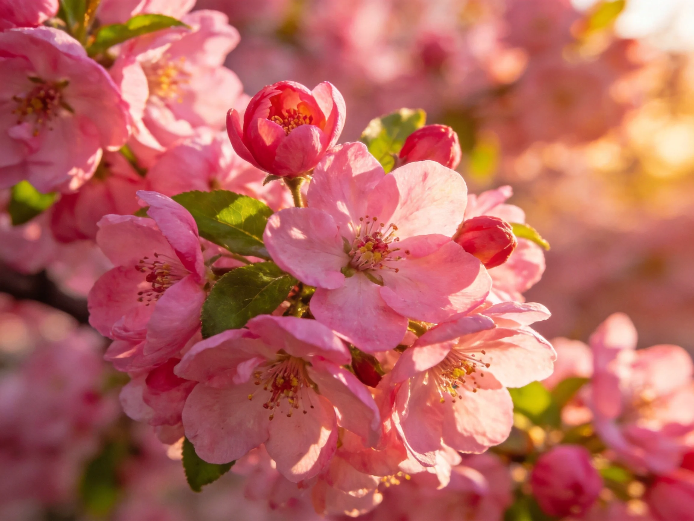 Dense cluster of soft pink cherry blossoms illuminated by golden sunlight
