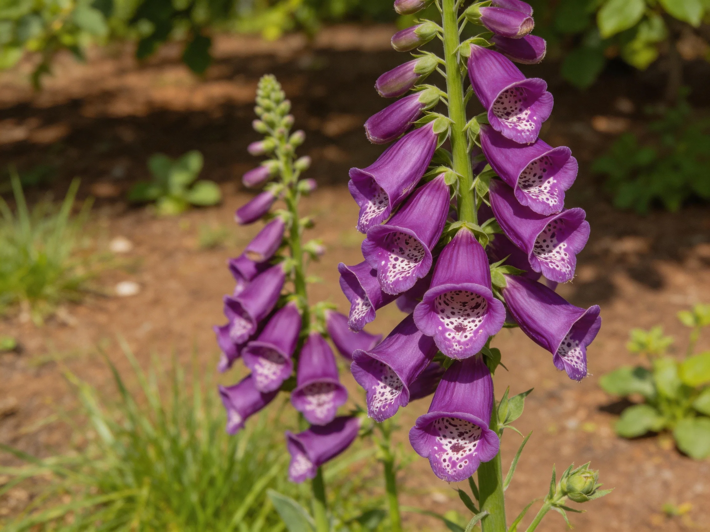 Dense clusters of vibrant purple foxgloves bloom on tall stems