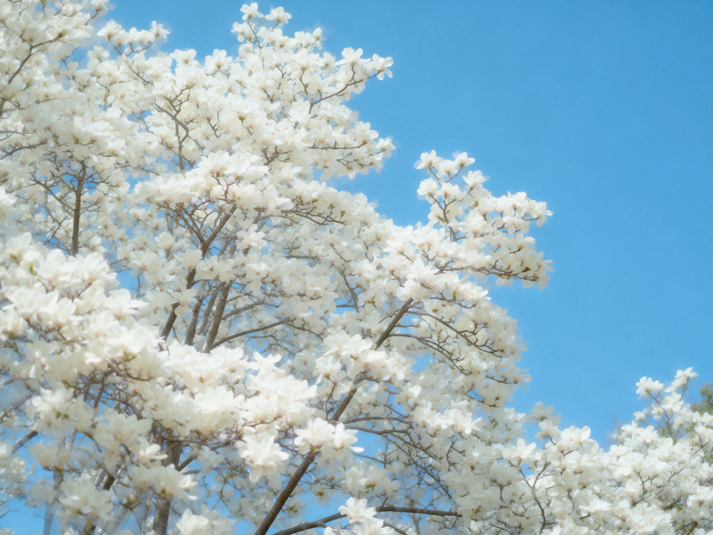 Dense clusters of white flowers adorn trees beneath a vivid blue sky