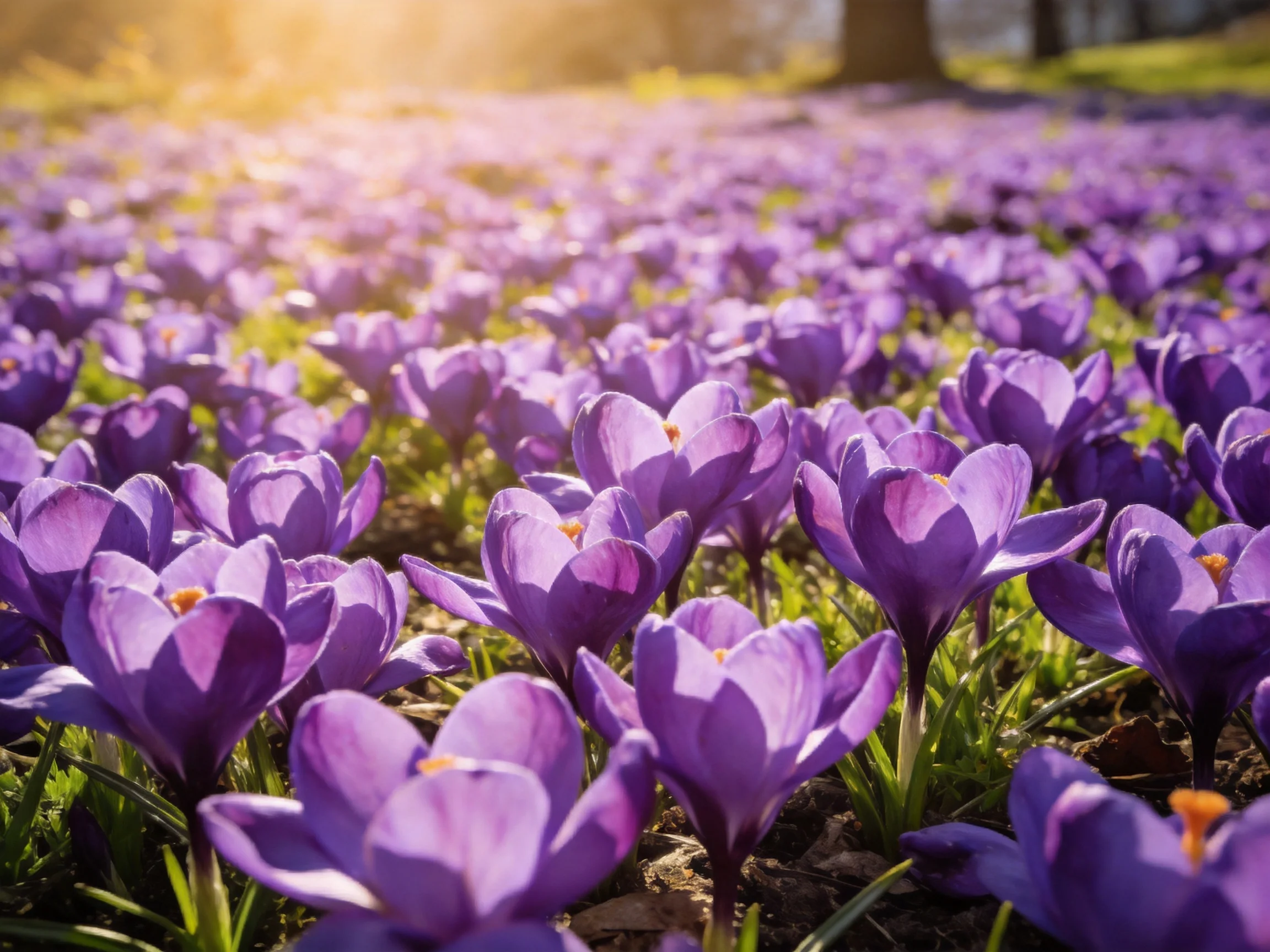 Dense field of vibrant purple crocus blooms in sunlit meadow