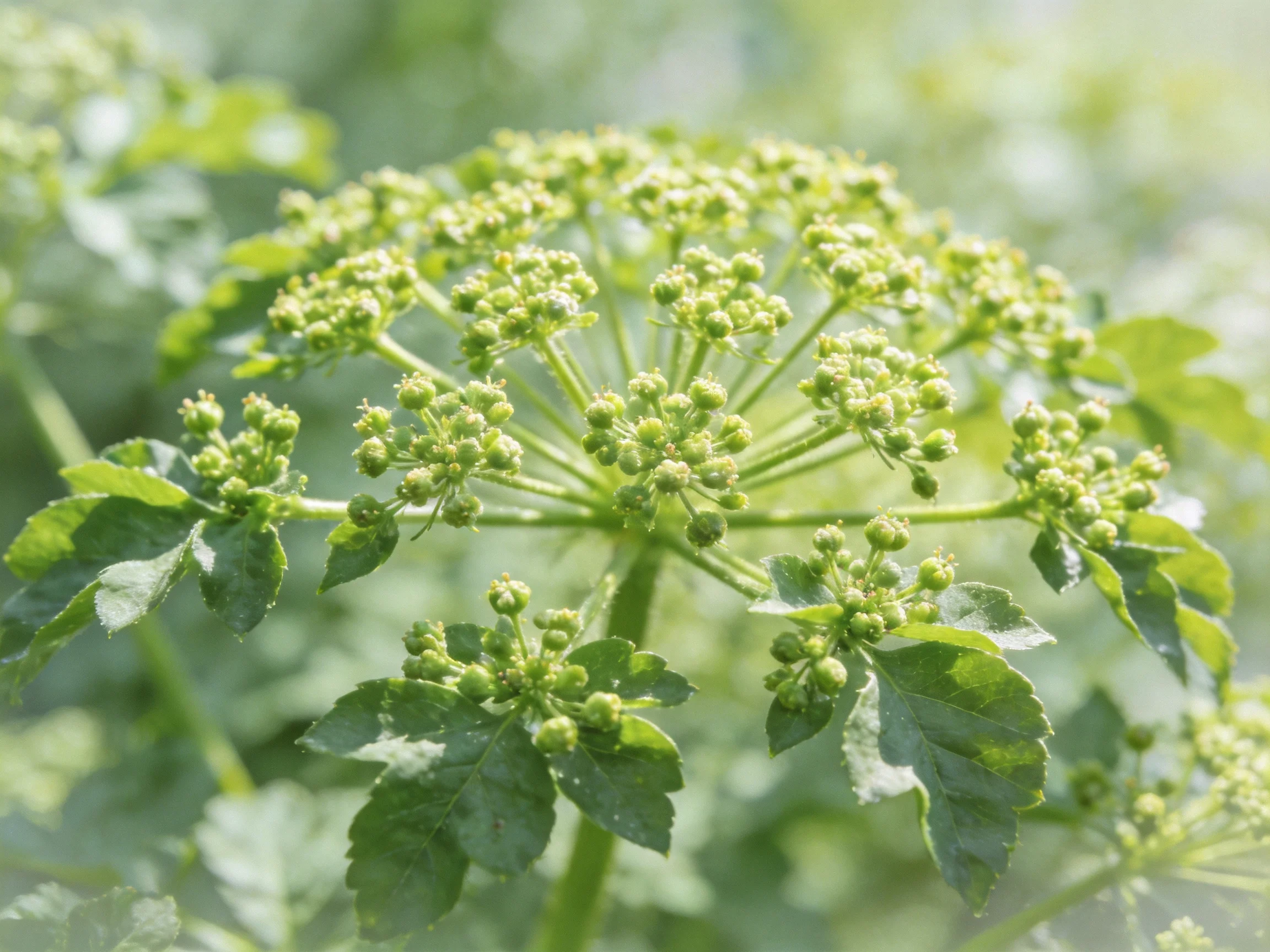 Dense green umbel with small round bud clusters