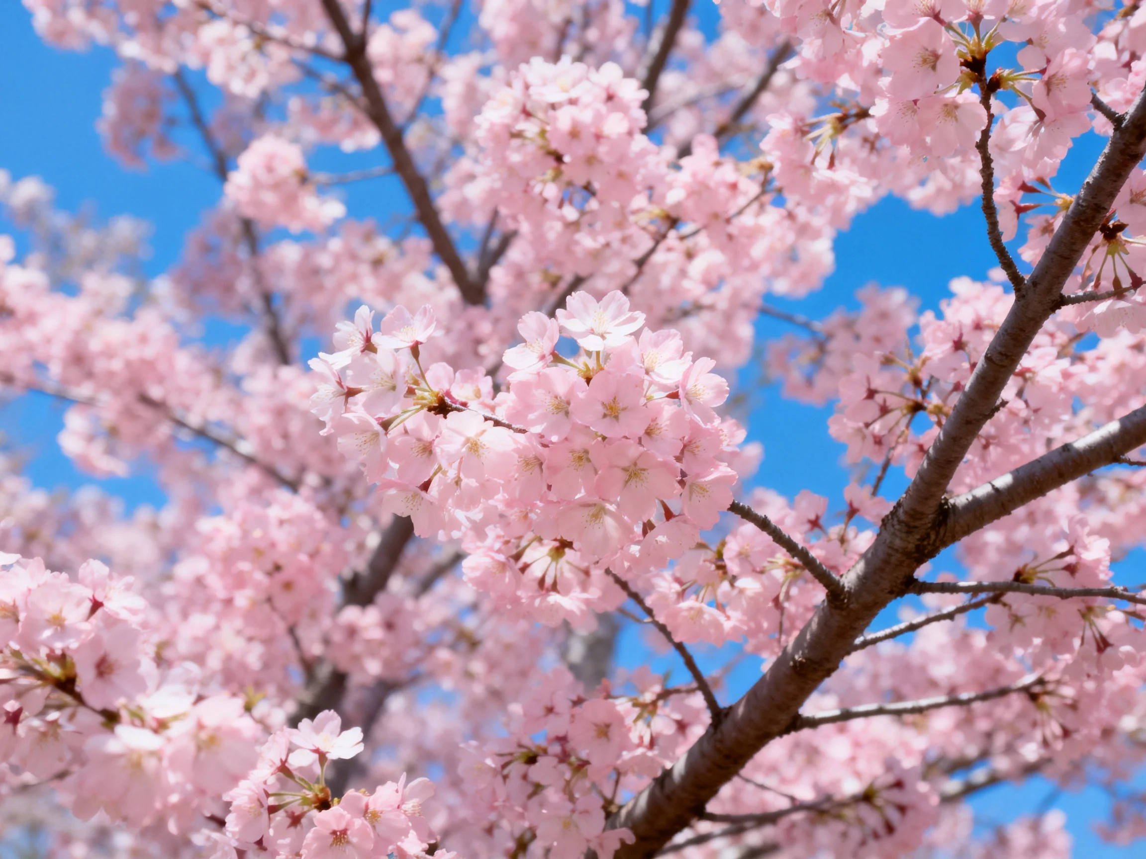 Dense pink cherry blossom clusters bloom beneath a clear blue sky