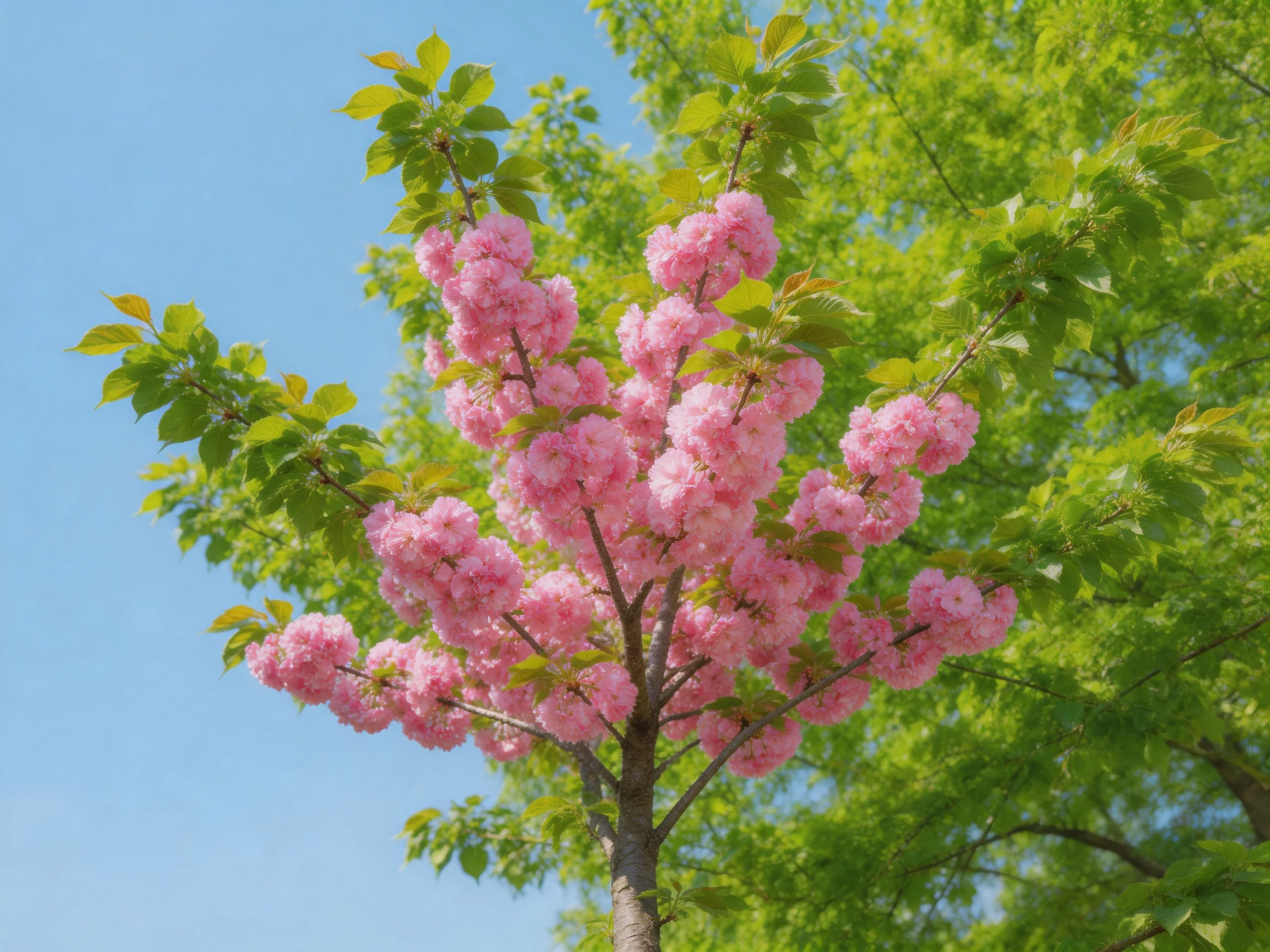 Dense pink cherry blossom clusters bloom on a tree with vibrant green leaves