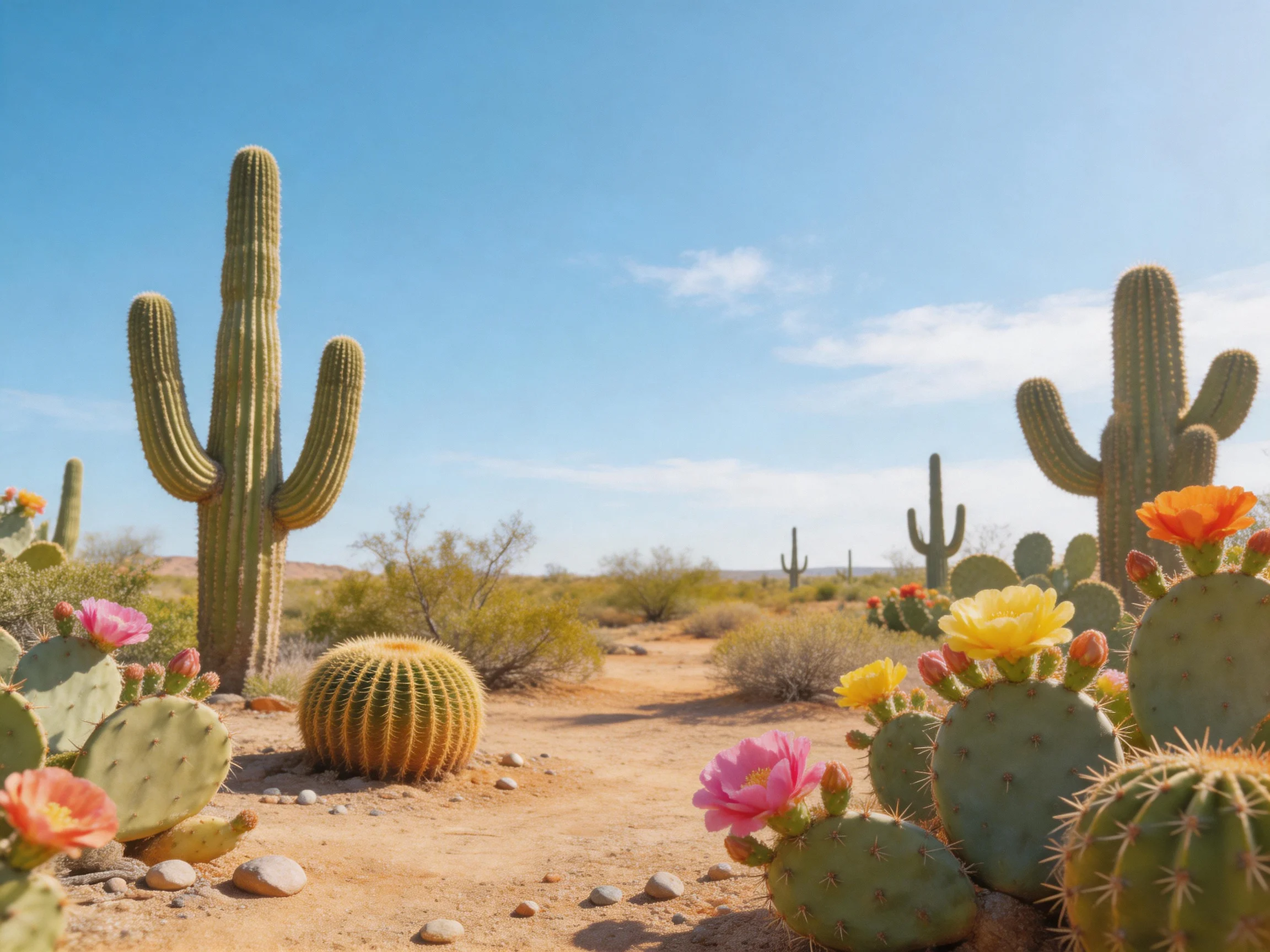 Desert landscape with colorful cacti and blooming flowers