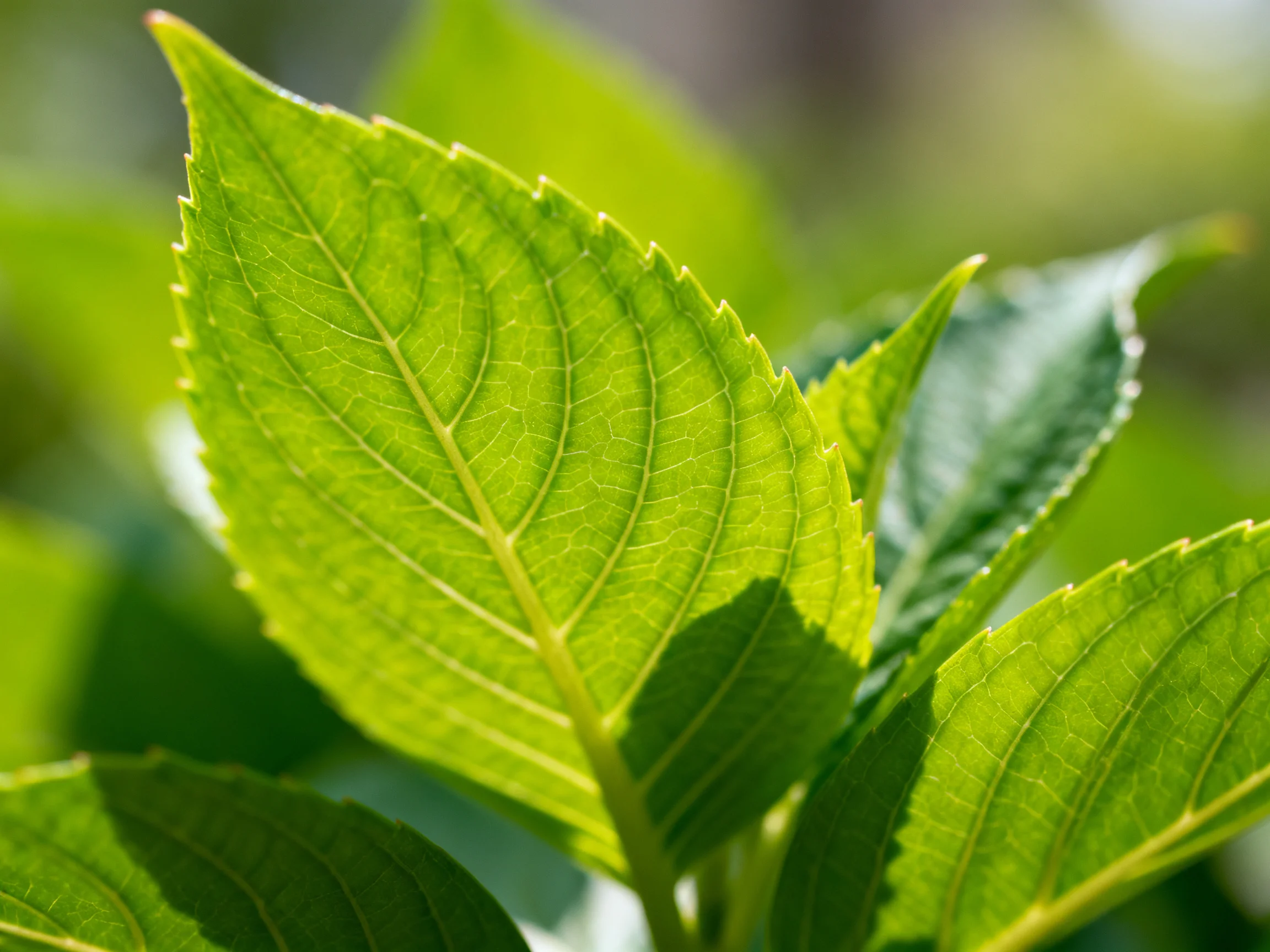 Detailed Veins on Bright Green Leaves Under Soft Light