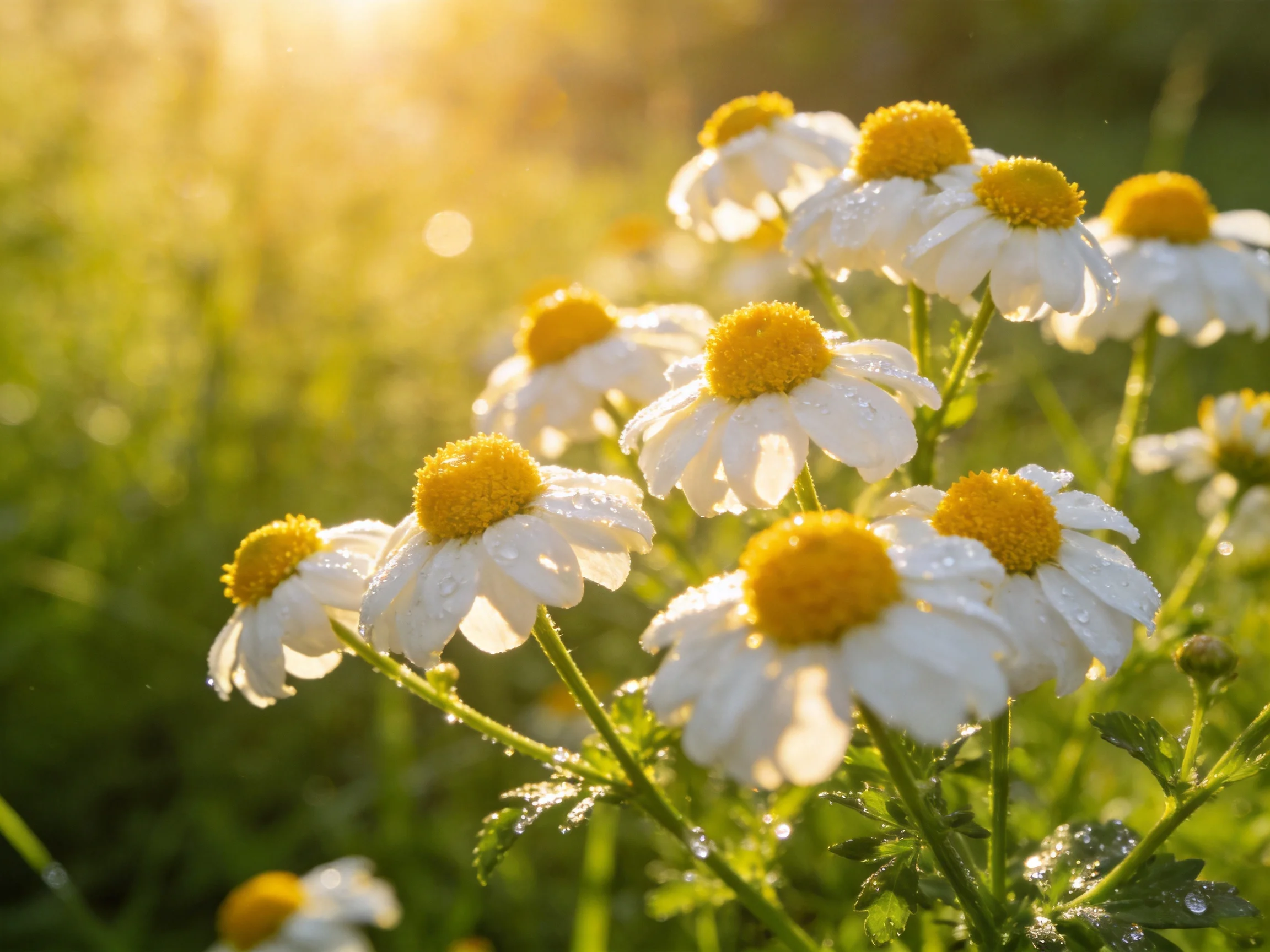 Dew-Capped White Daisies Blooming in Golden Morning Light