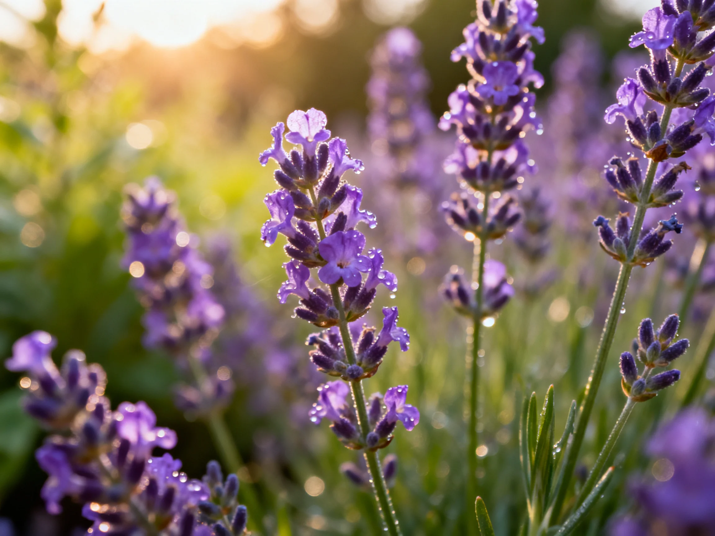Dew-Covered Purple Lavender Blooms in Sunlit Field