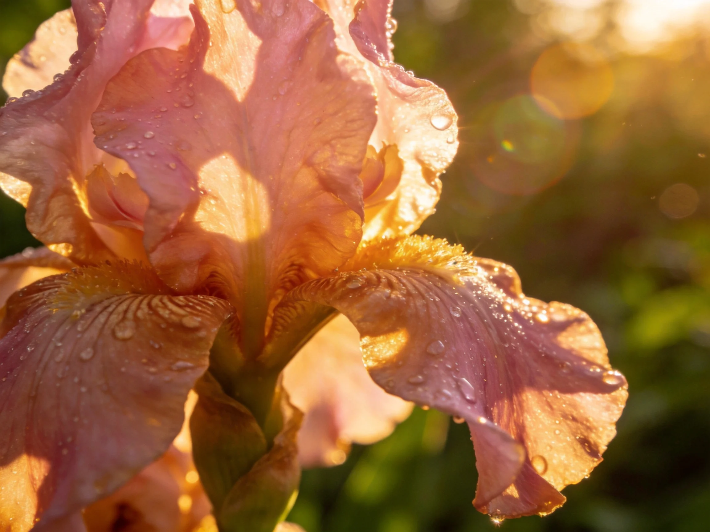Dew - covered iris blooms illuminated by golden light