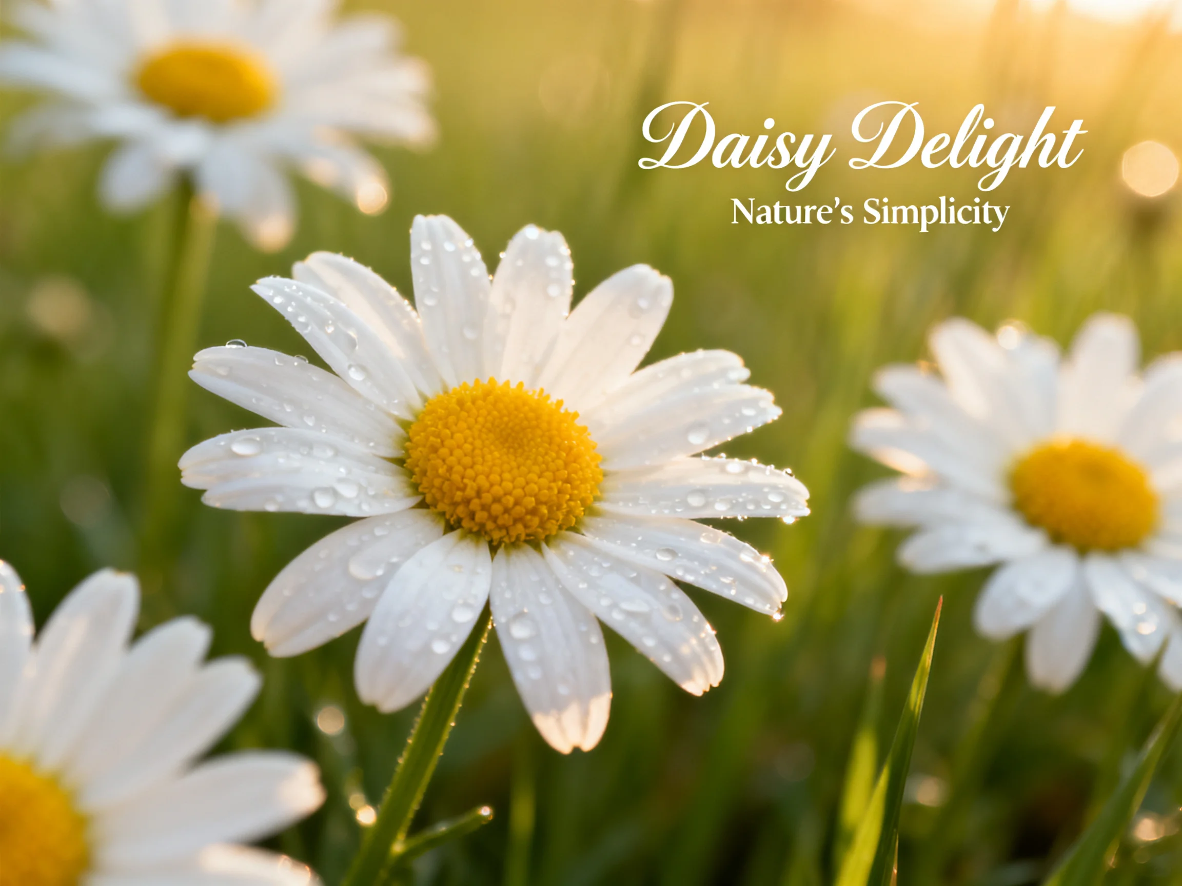 Dew-covered white daisies with bright yellow centers in a sunlit meadow