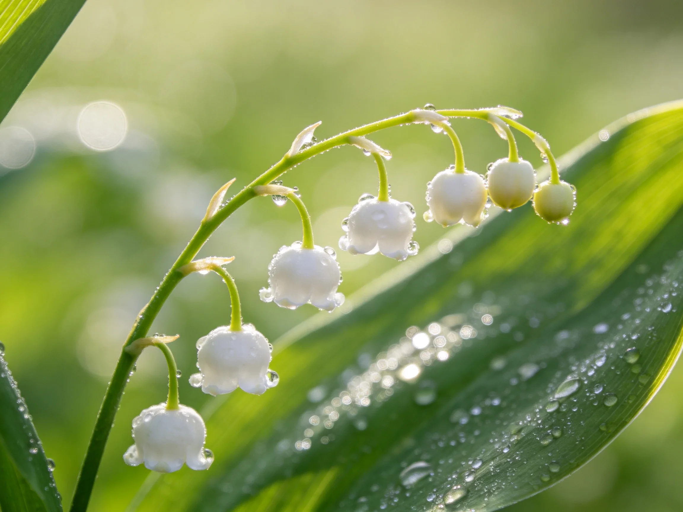 Dew-draped Lily of the Valley blooms with glistening droplets