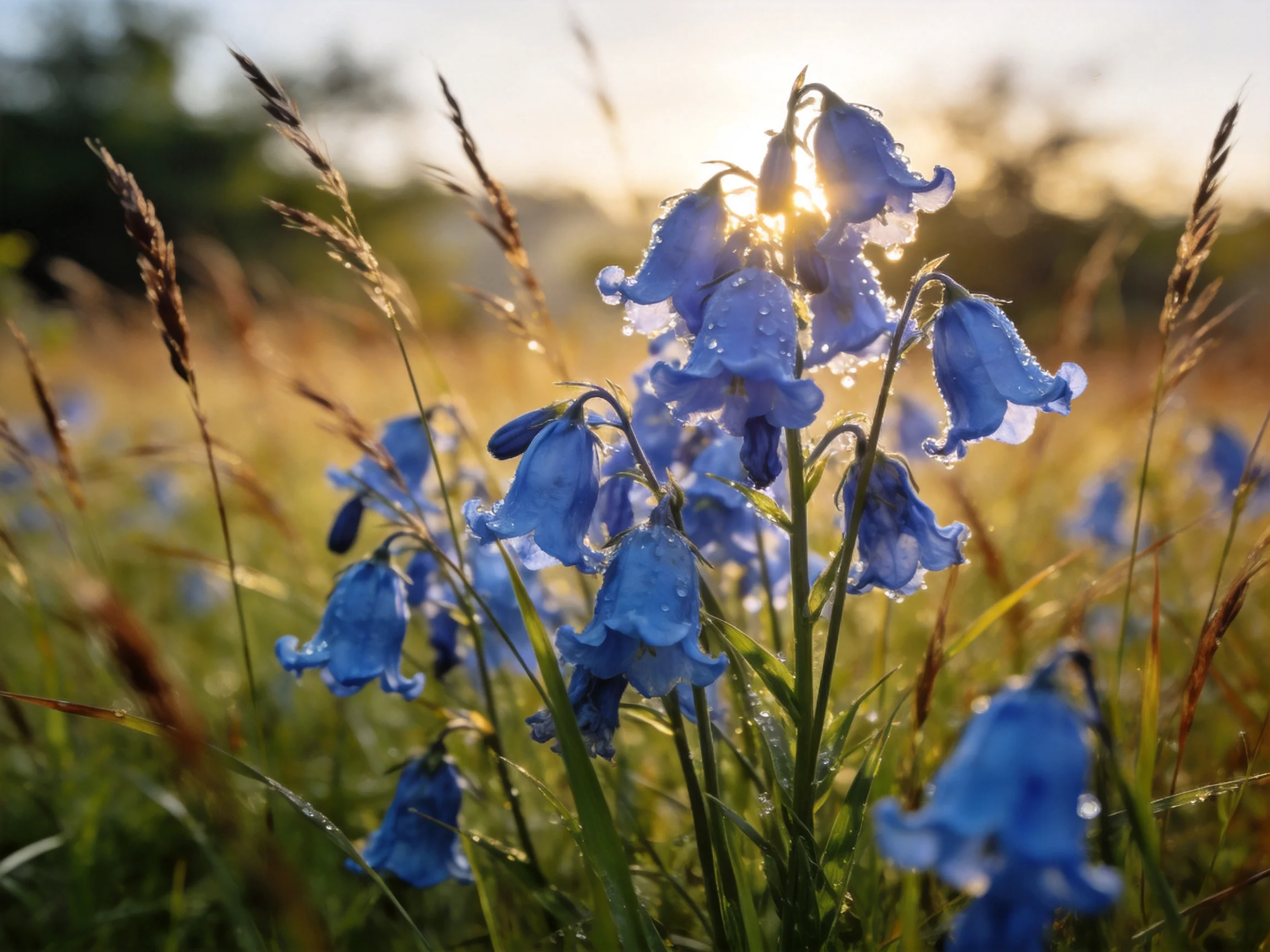 Dew-draped bluebells glow in a sunlit meadow