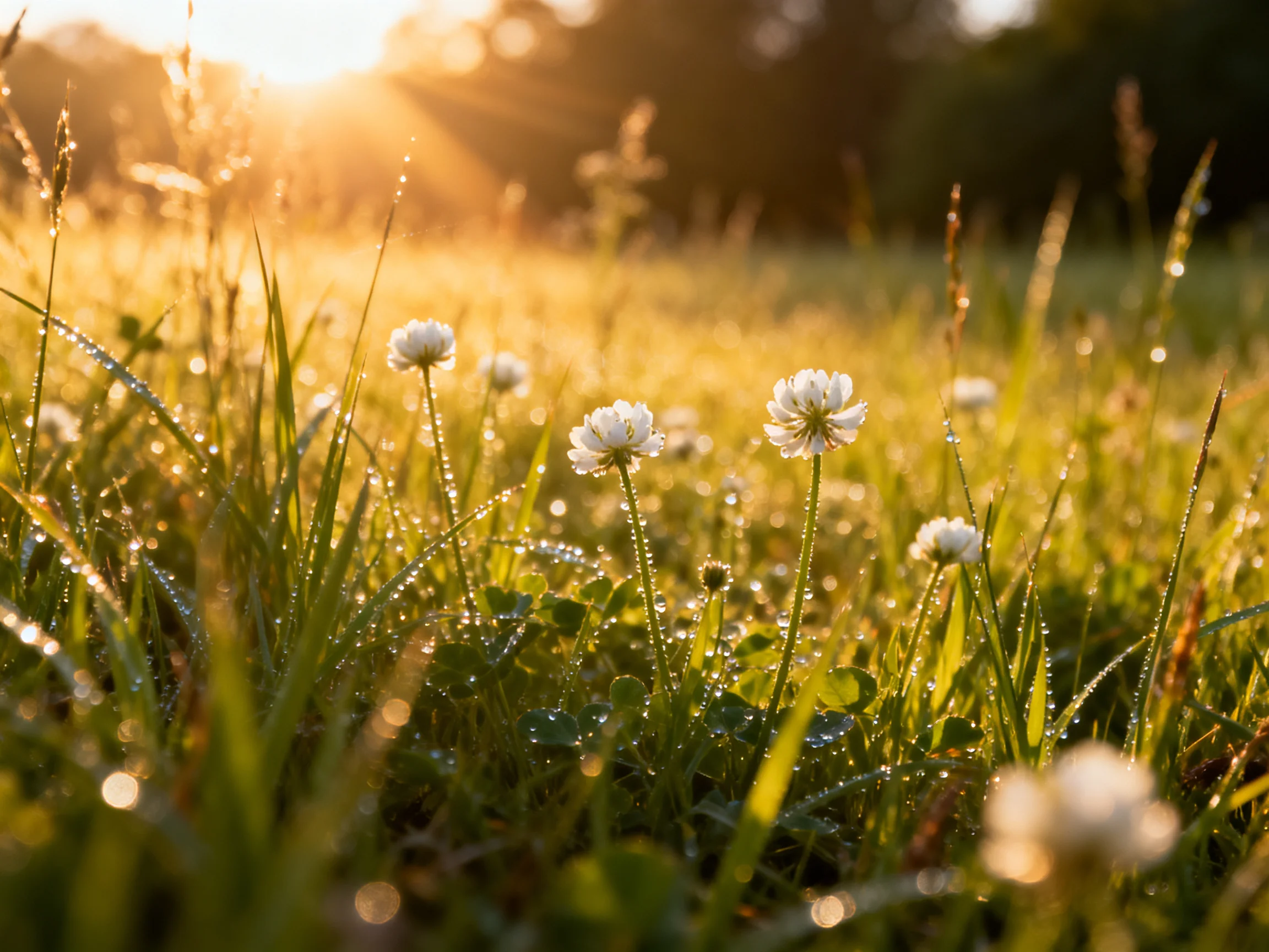 Dew-draped clover blooms glow amid golden morning grasses