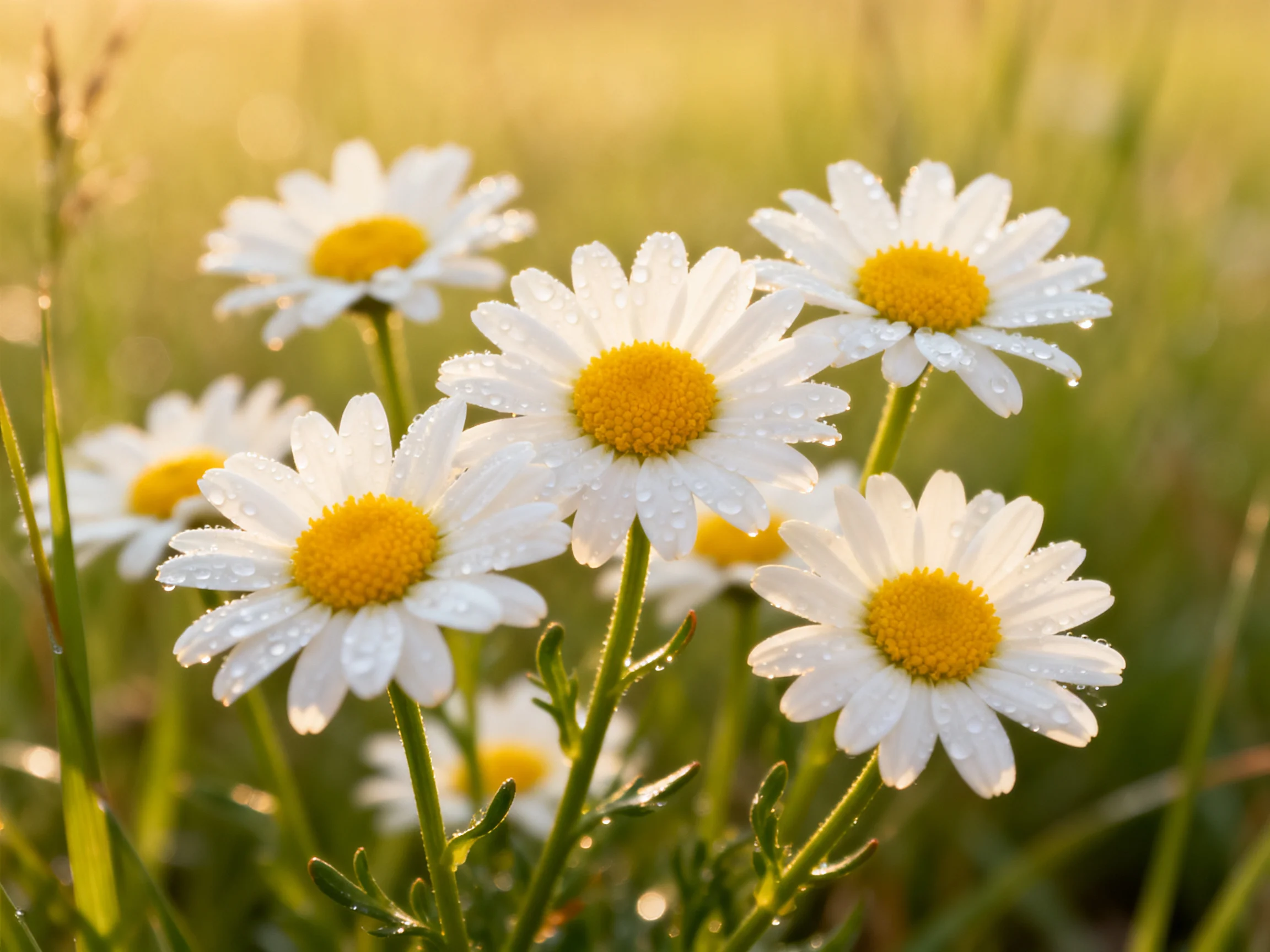 Dew-draped daisies bloom in a sunlit grassy meadow
