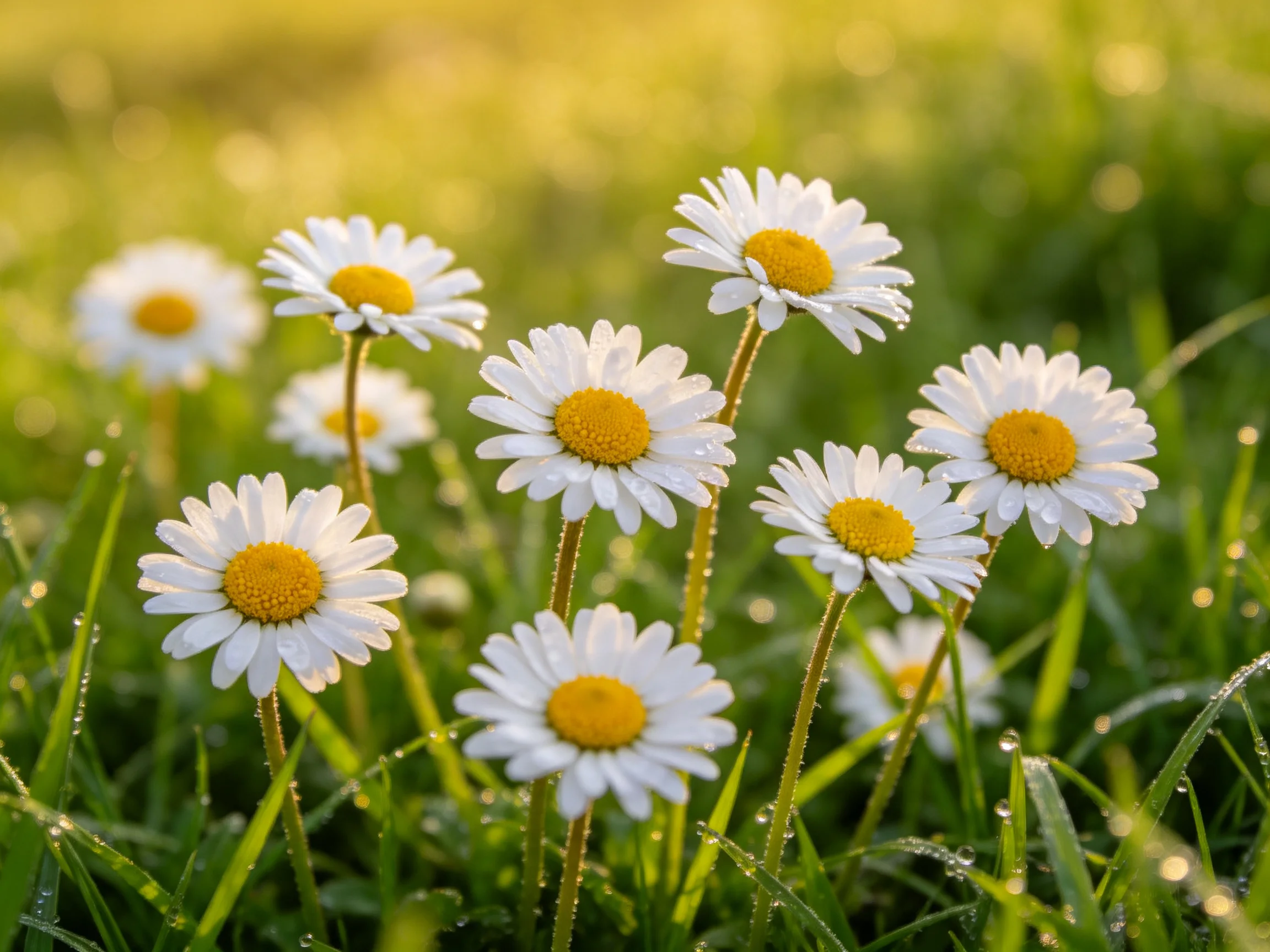 Dew-draped daisies bloom in sunlit green meadow