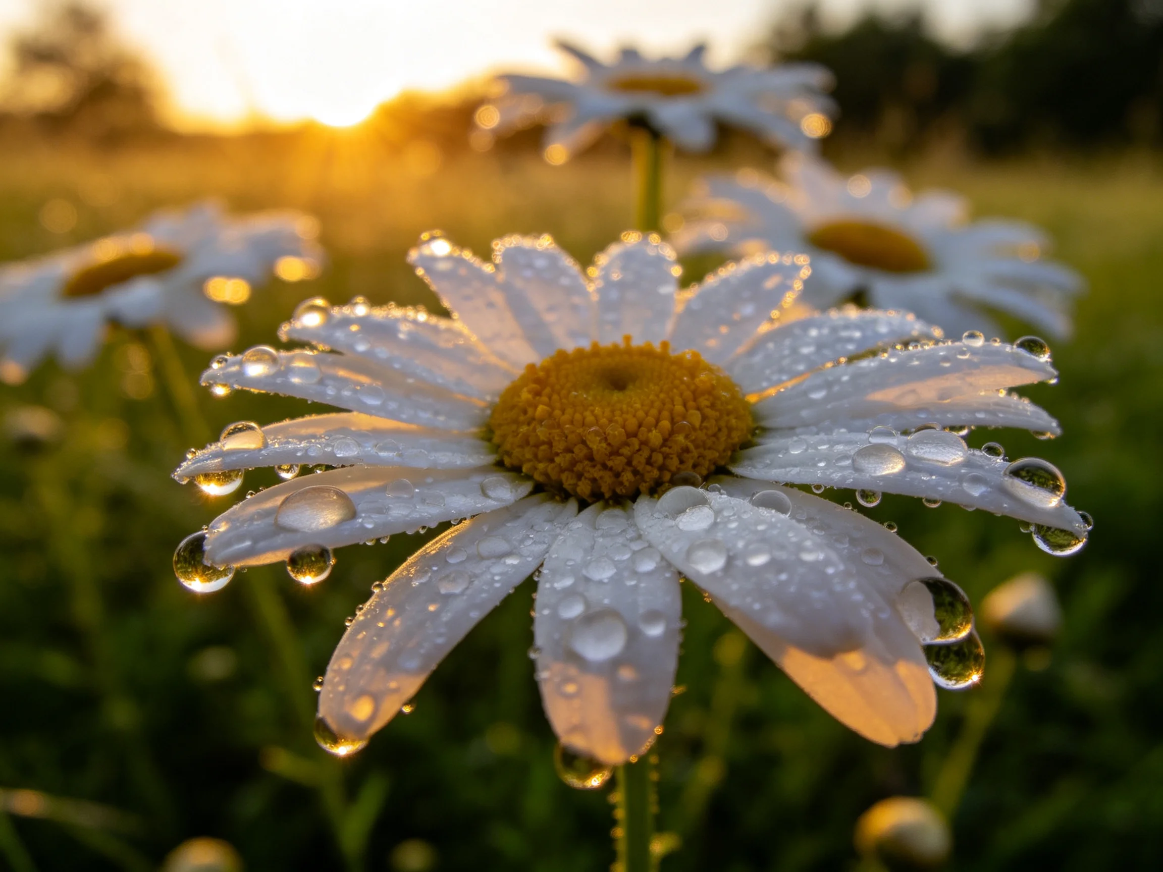 Dew-draped daisies glow amid golden sunlight in a lush meadow