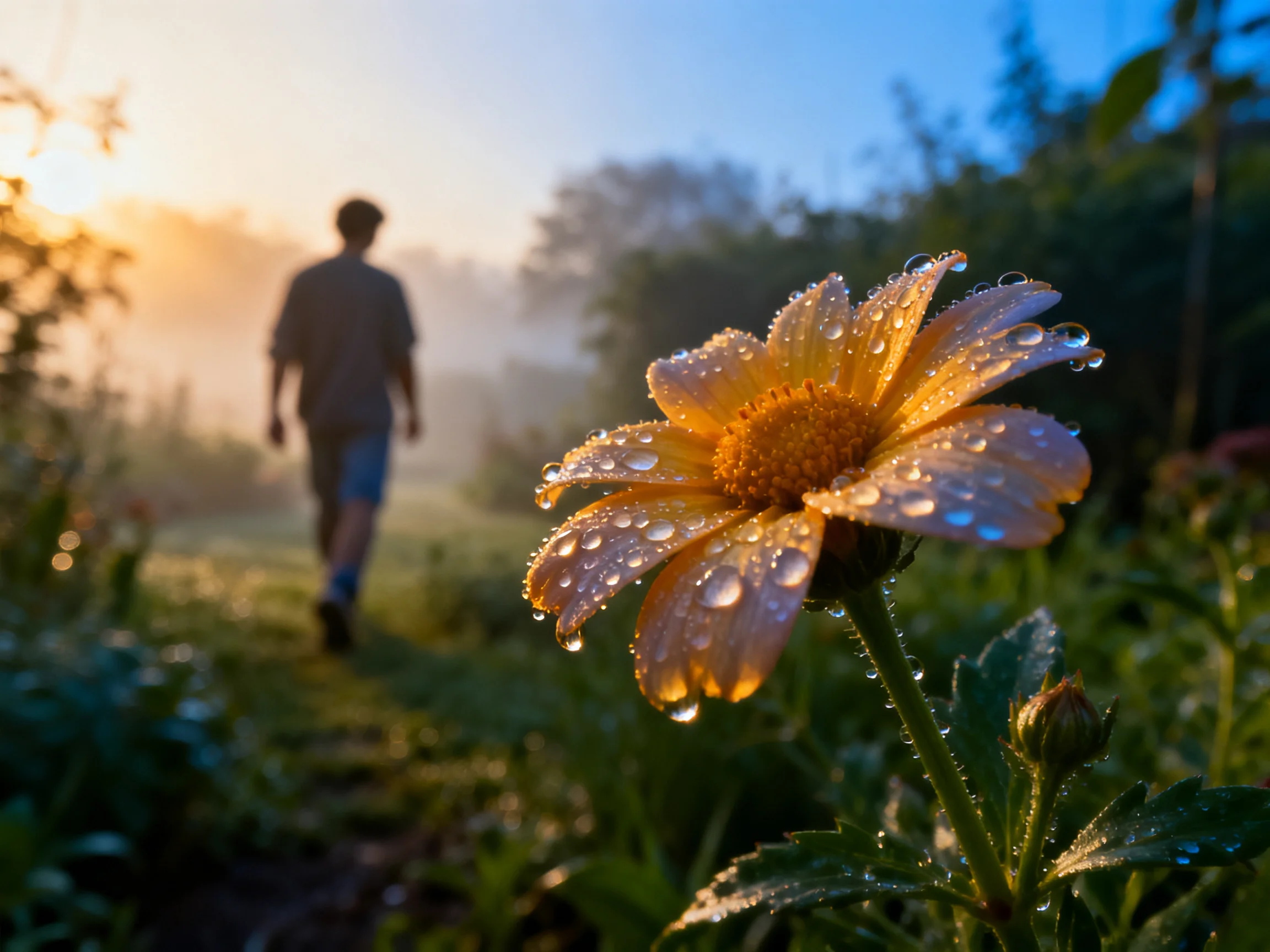Dew-draped flower near a figure in a misty sunrise landscape