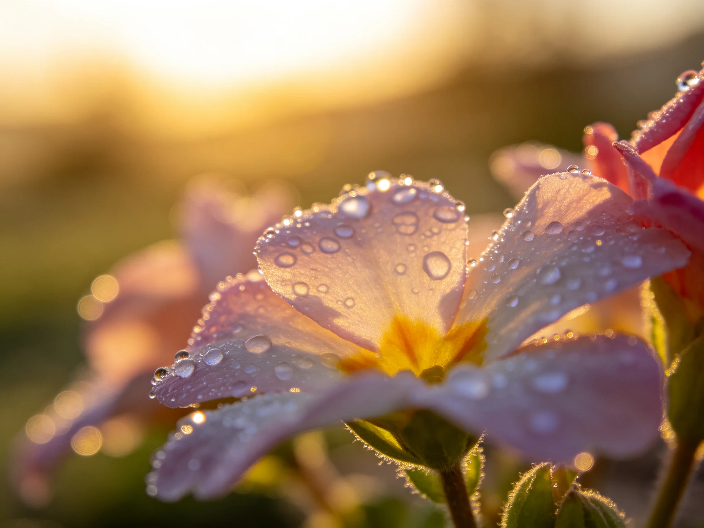 Dew-draped flowers glow in golden sunlight