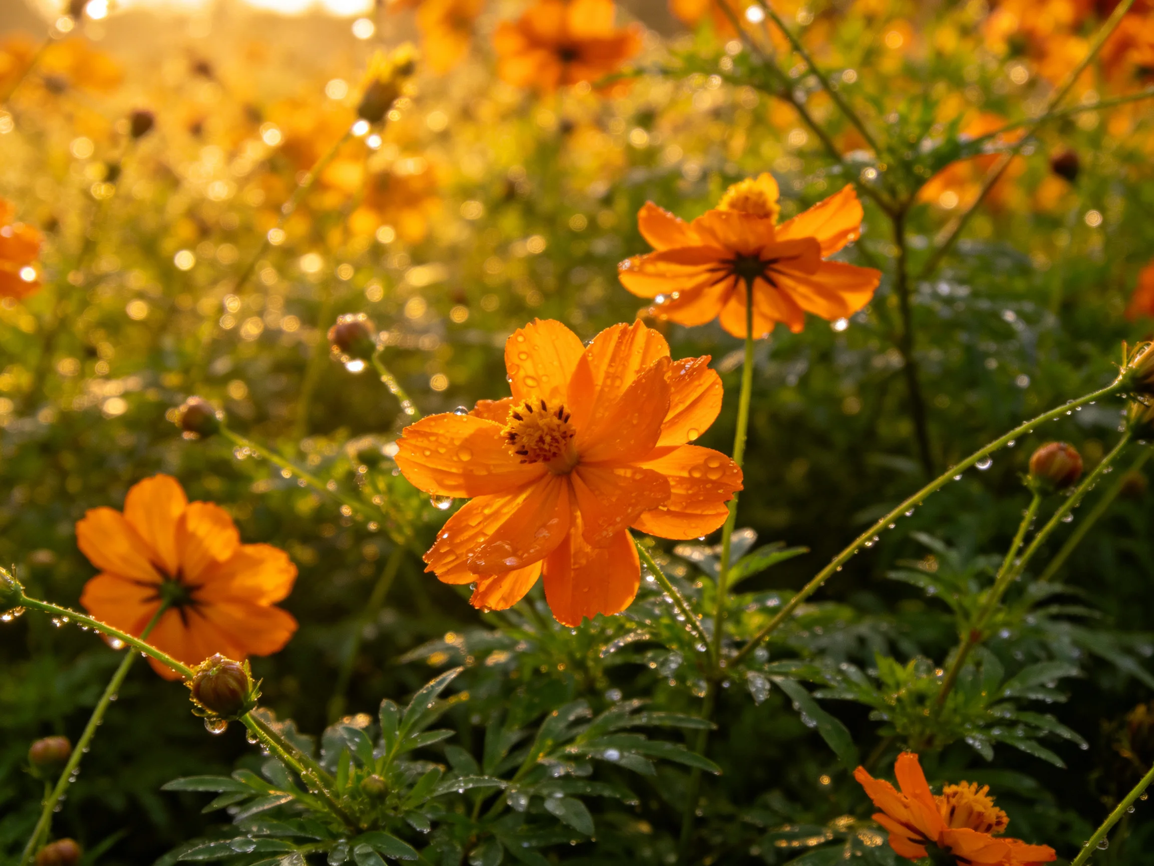 Dew-draped orange cosmos blooms amid lush green foliage under golden sunlight