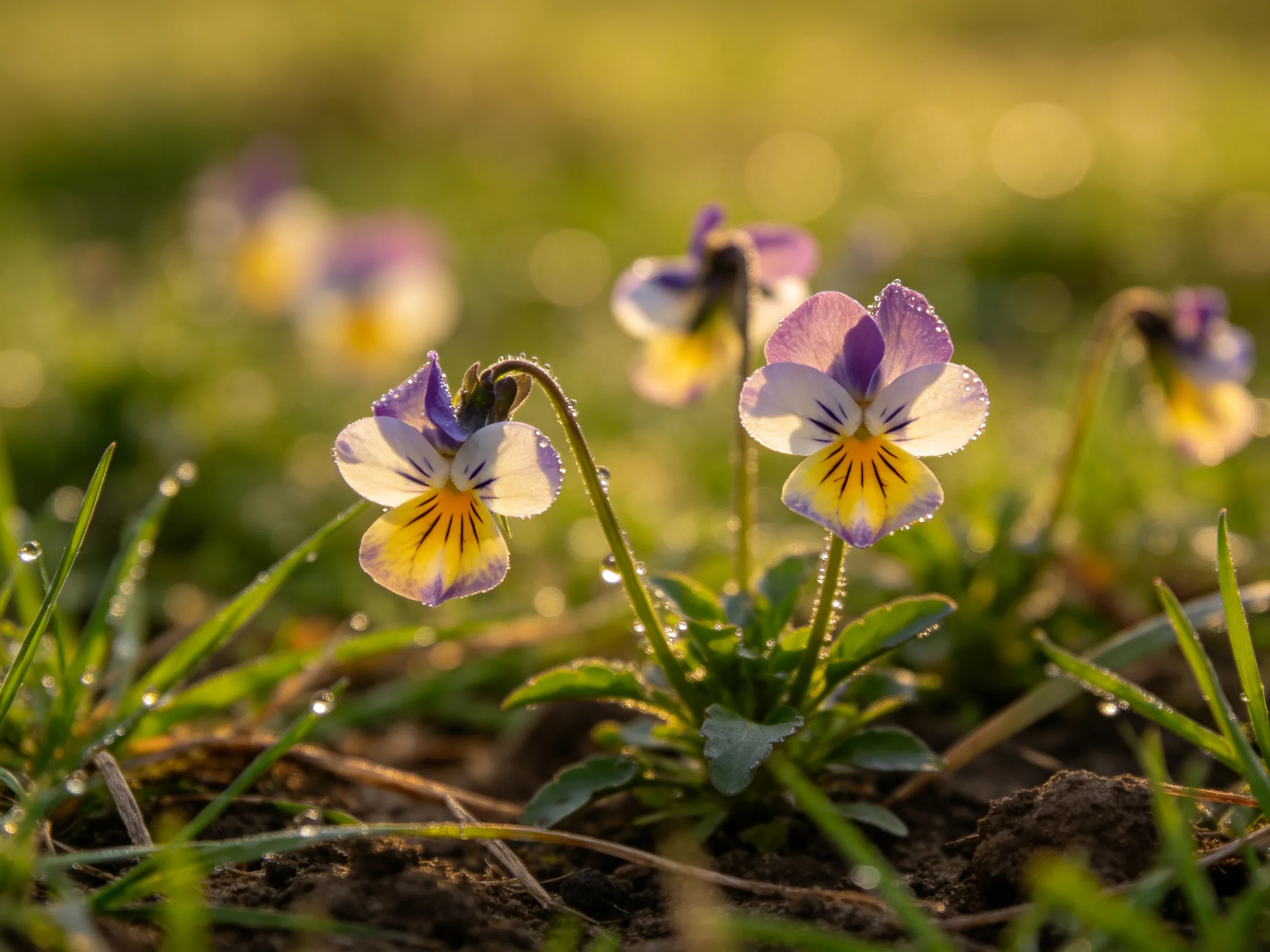 Dew-draped pansy flowers bloom in a sunlit meadow