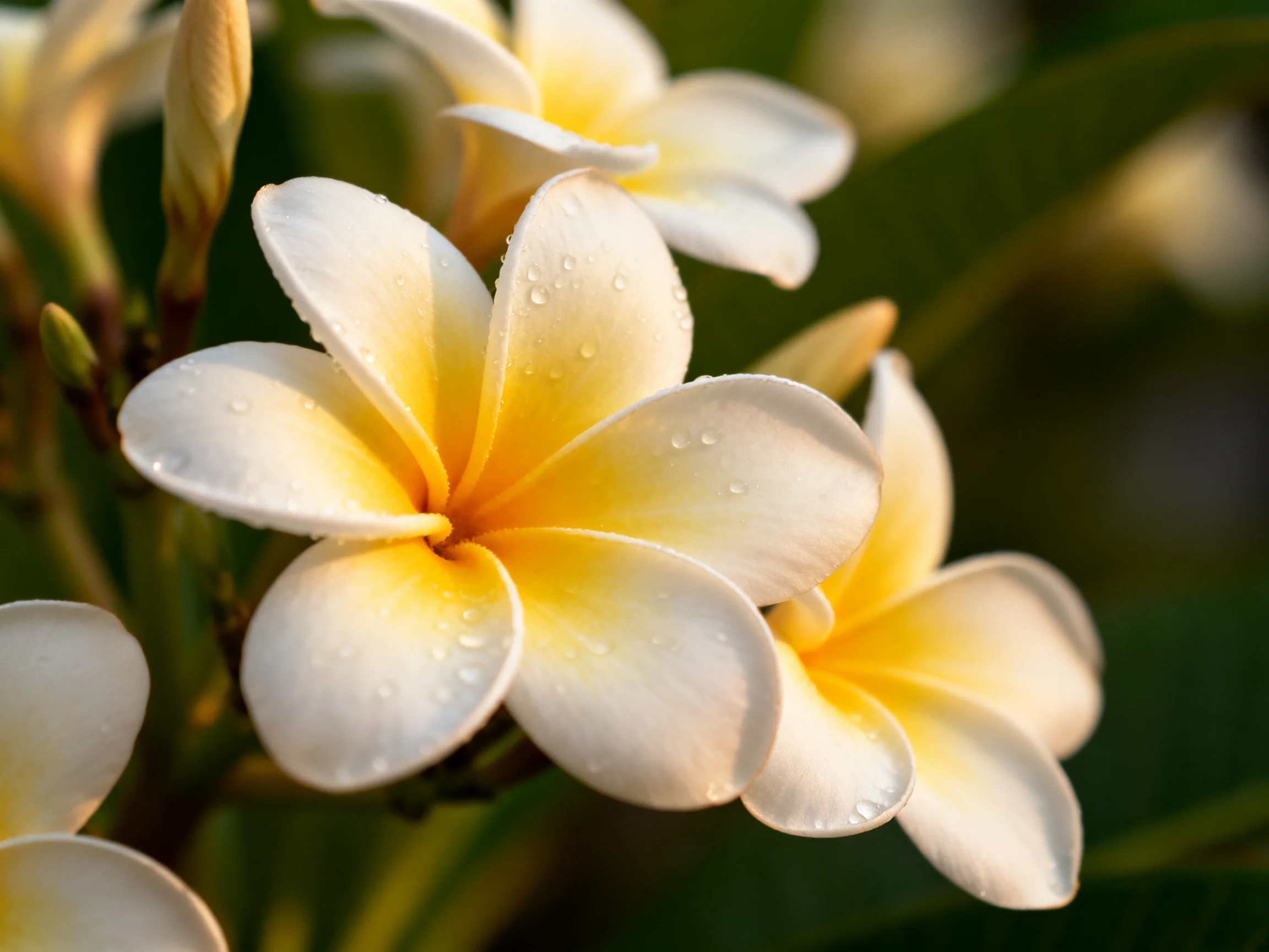 Dew-draped plumeria blooms with white and yellow petals, green backdrop.