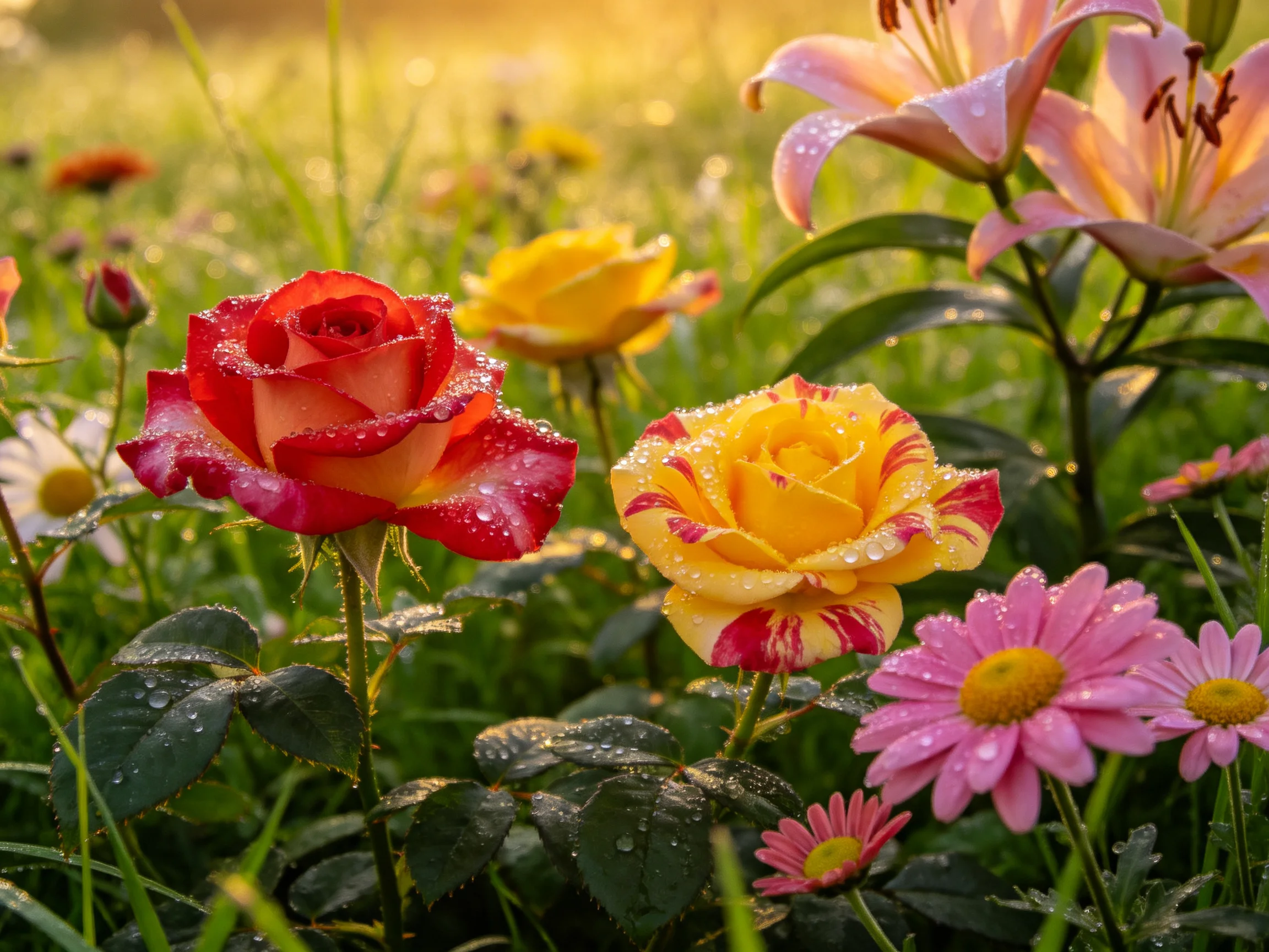 Dew-draped roses, pink lilies, and colorful daisies bloom in golden light