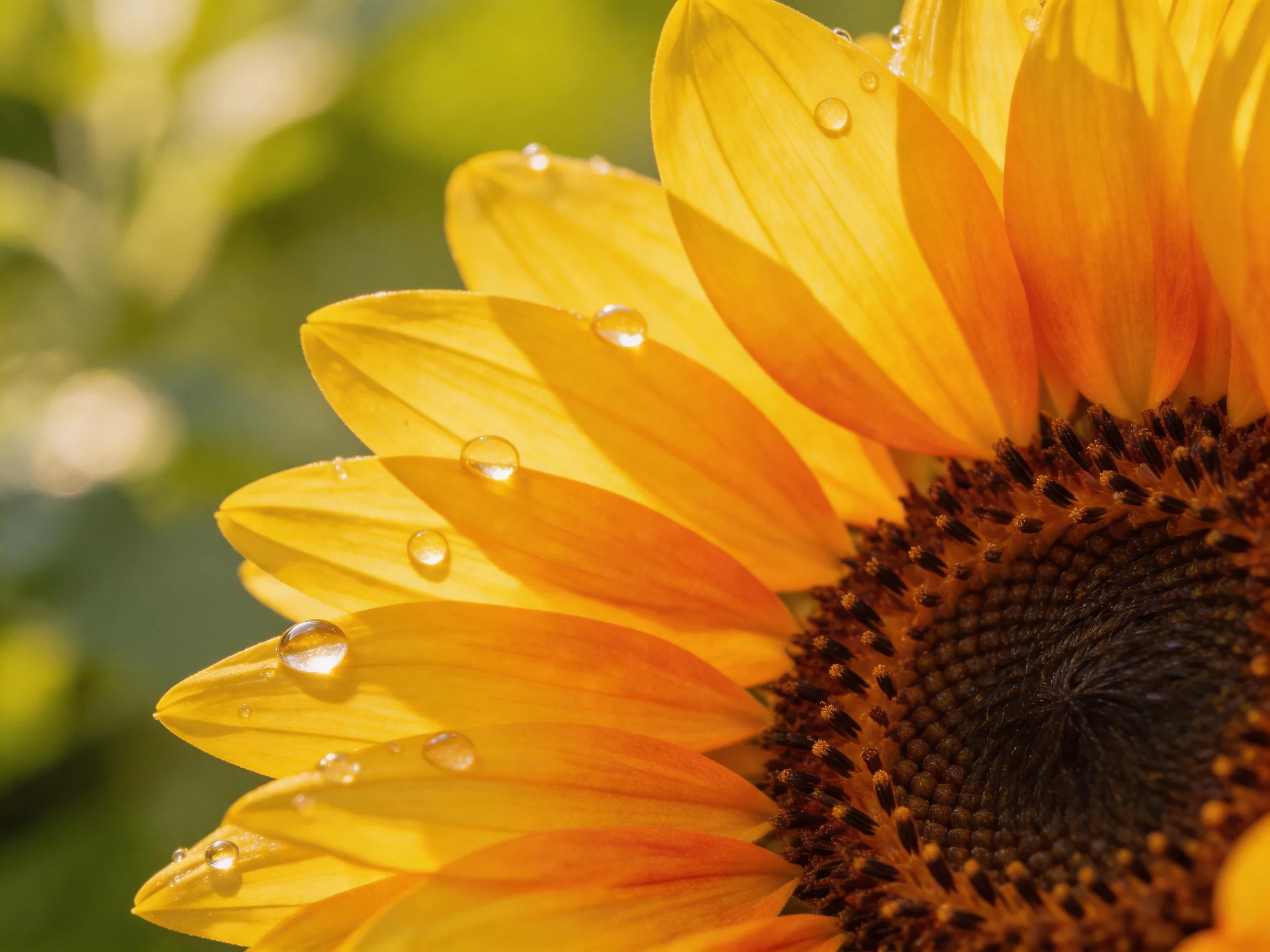 A sunflower with dewy petals stands out against a blurred green background.