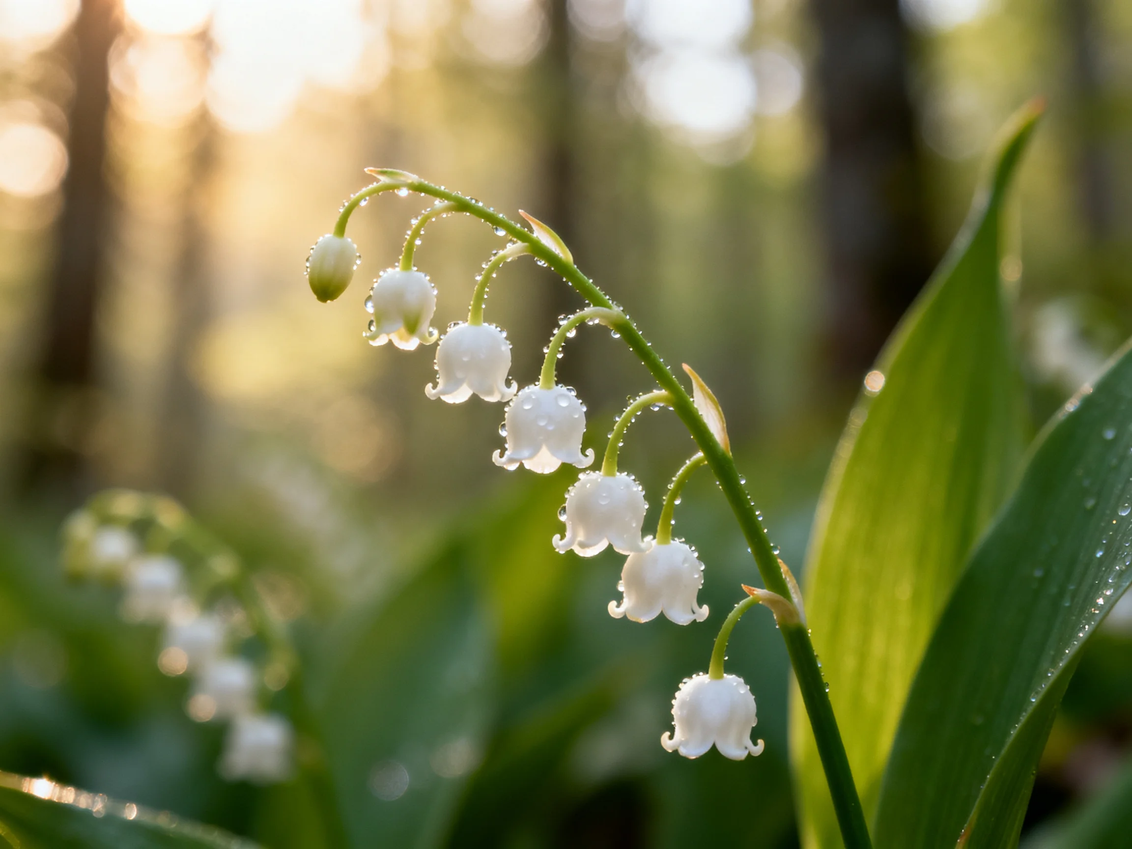 Dew-draped white bell flowers in sunlit forest