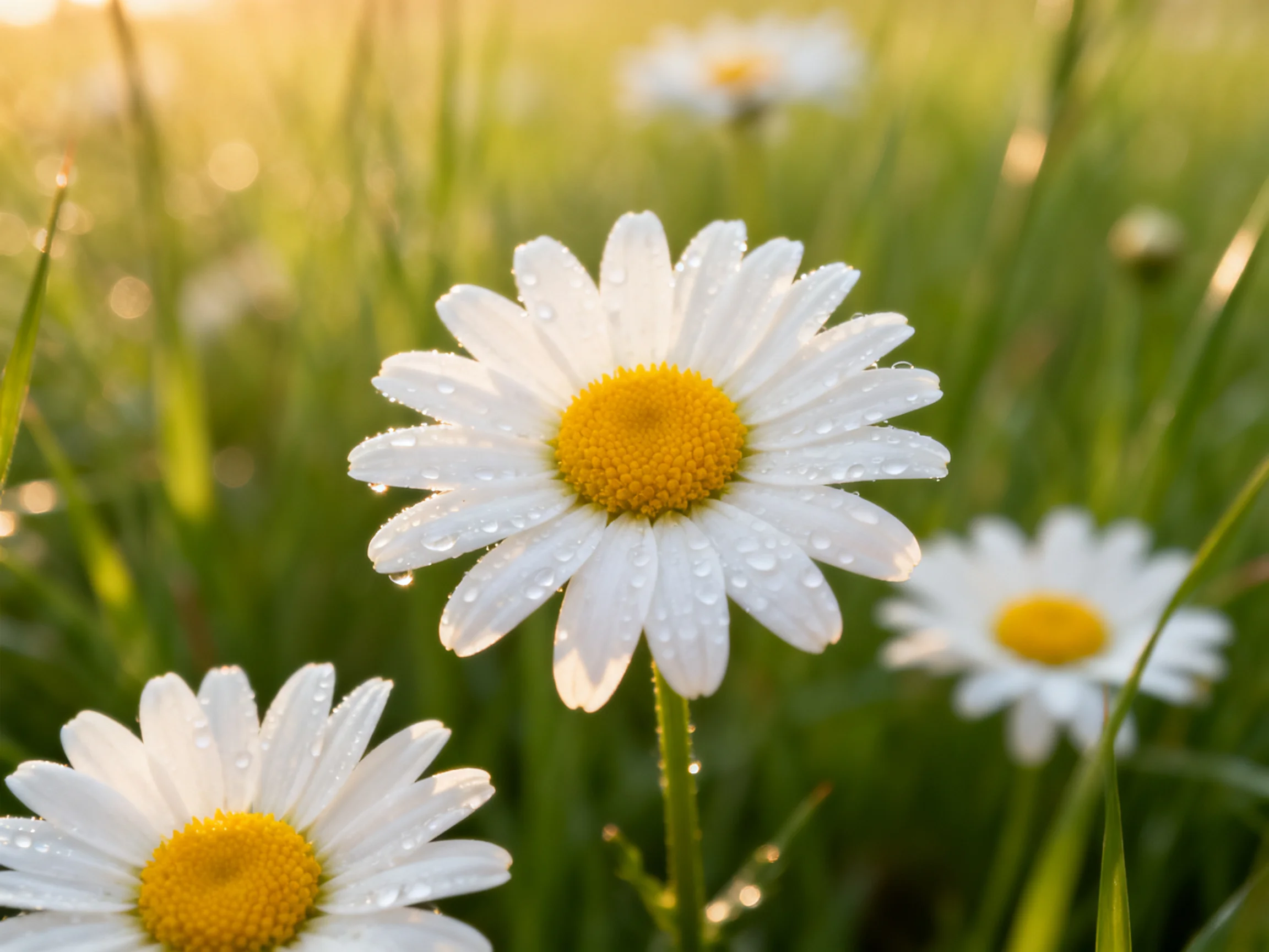Dew-draped white daisies bloom among tall green grasses in soft morning light