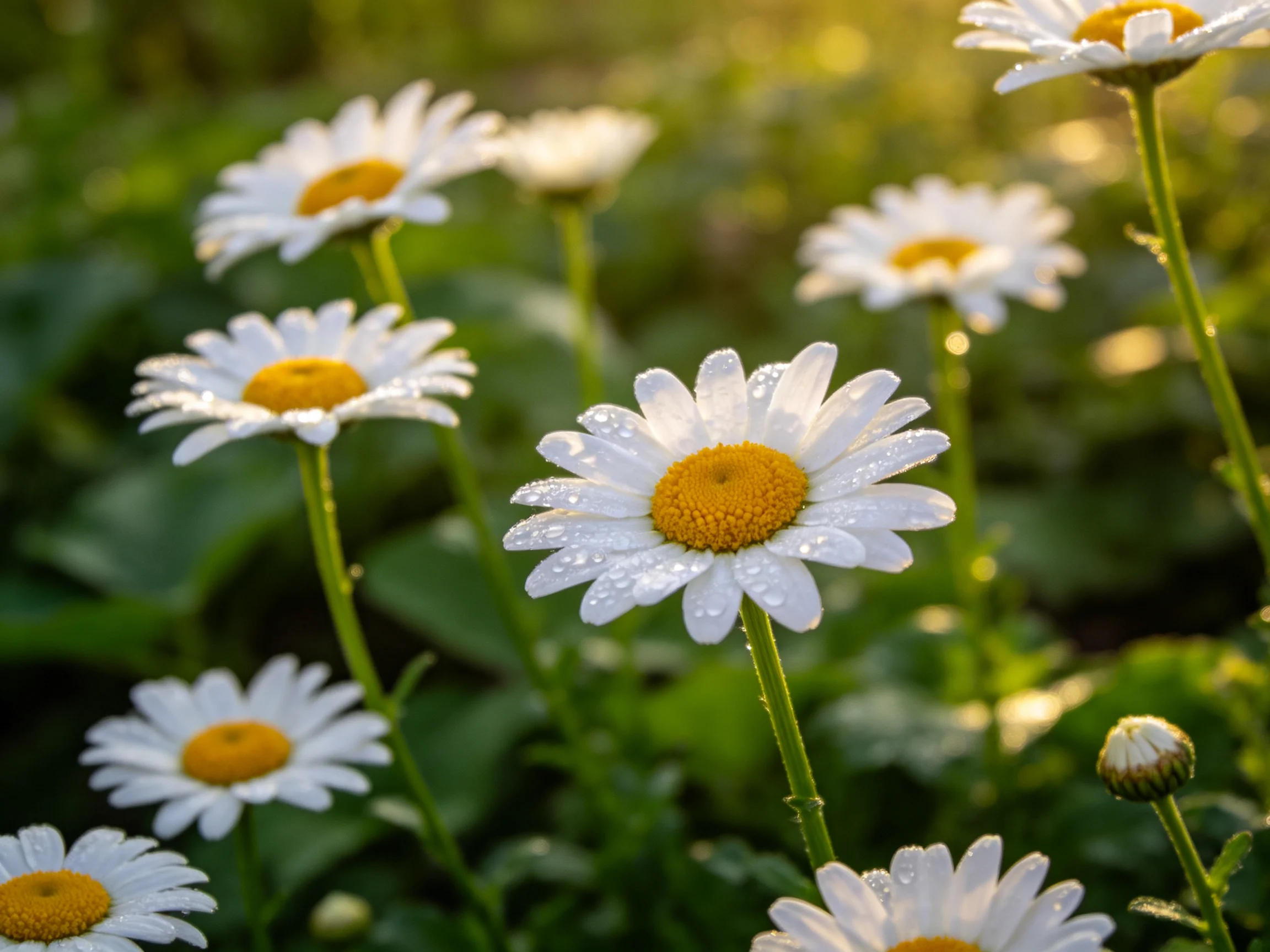 Dew-draped white daisies with golden centers amidst lush greenery