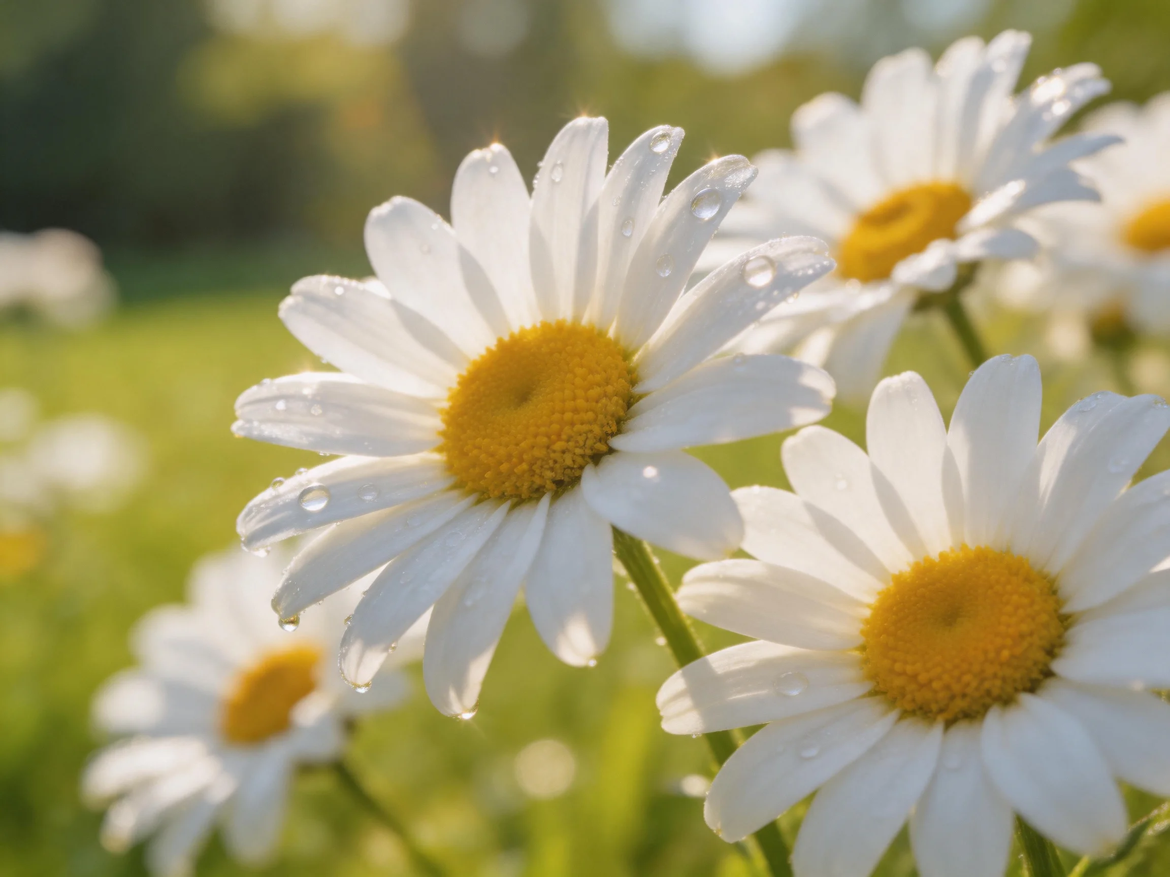 Dew-draped white daisies with golden centers in a sunlit meadow