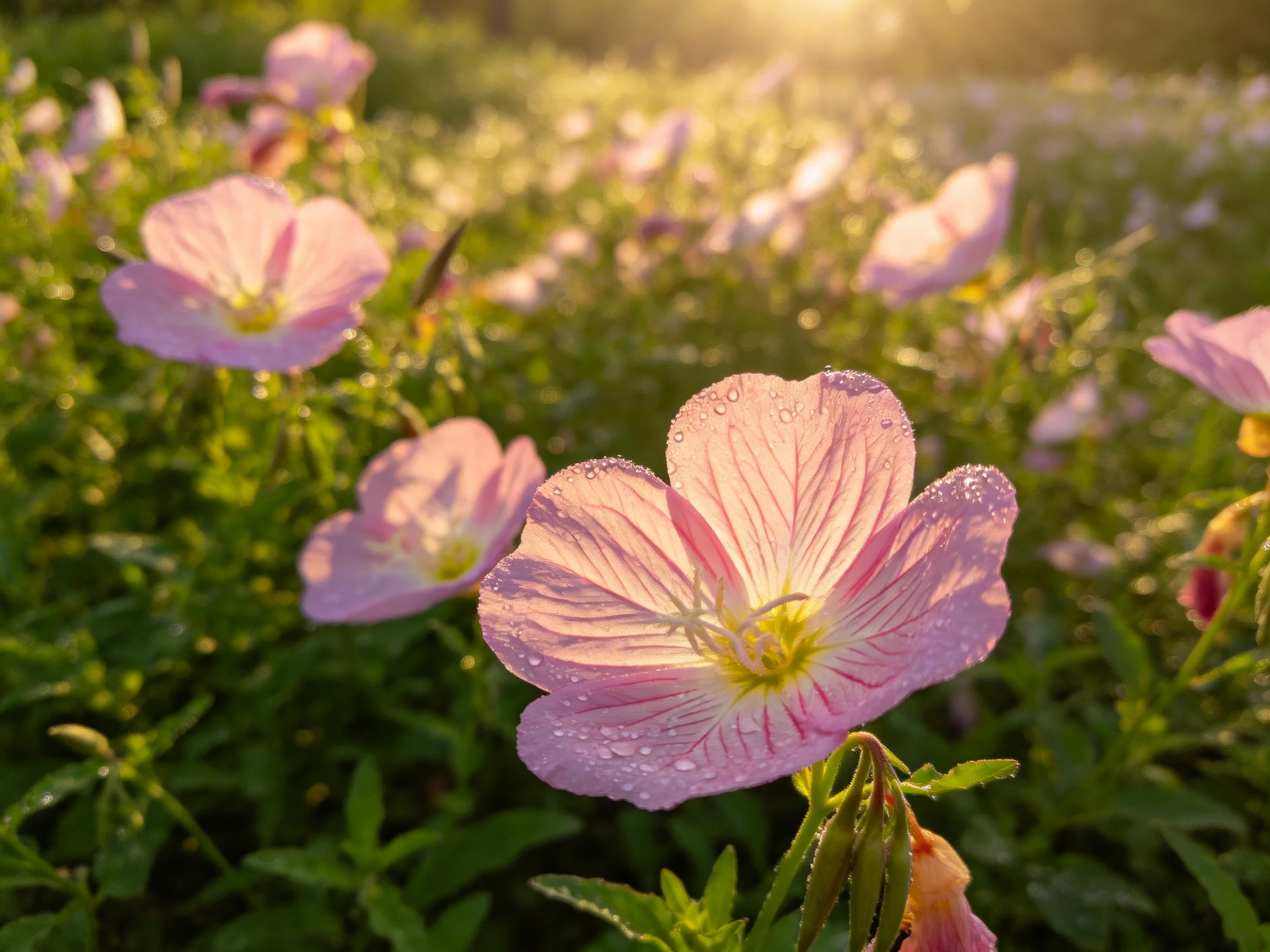 Dew-dusted pink evening primroses bloom in a sunlit meadow