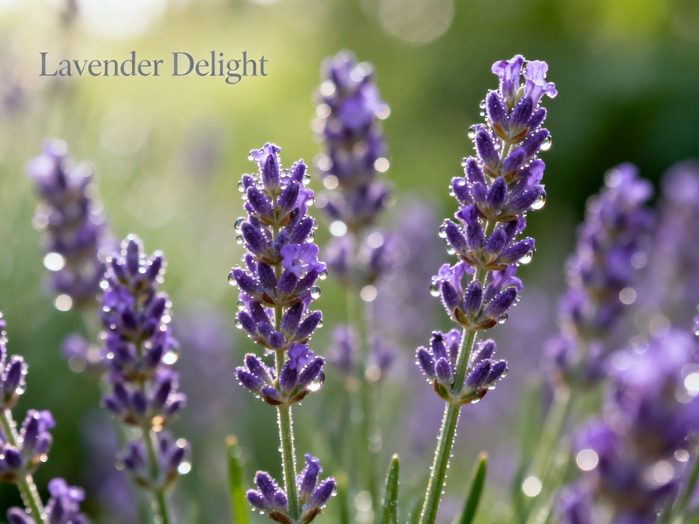 Dew-kissed lavender stalks bloom in sunlit garden