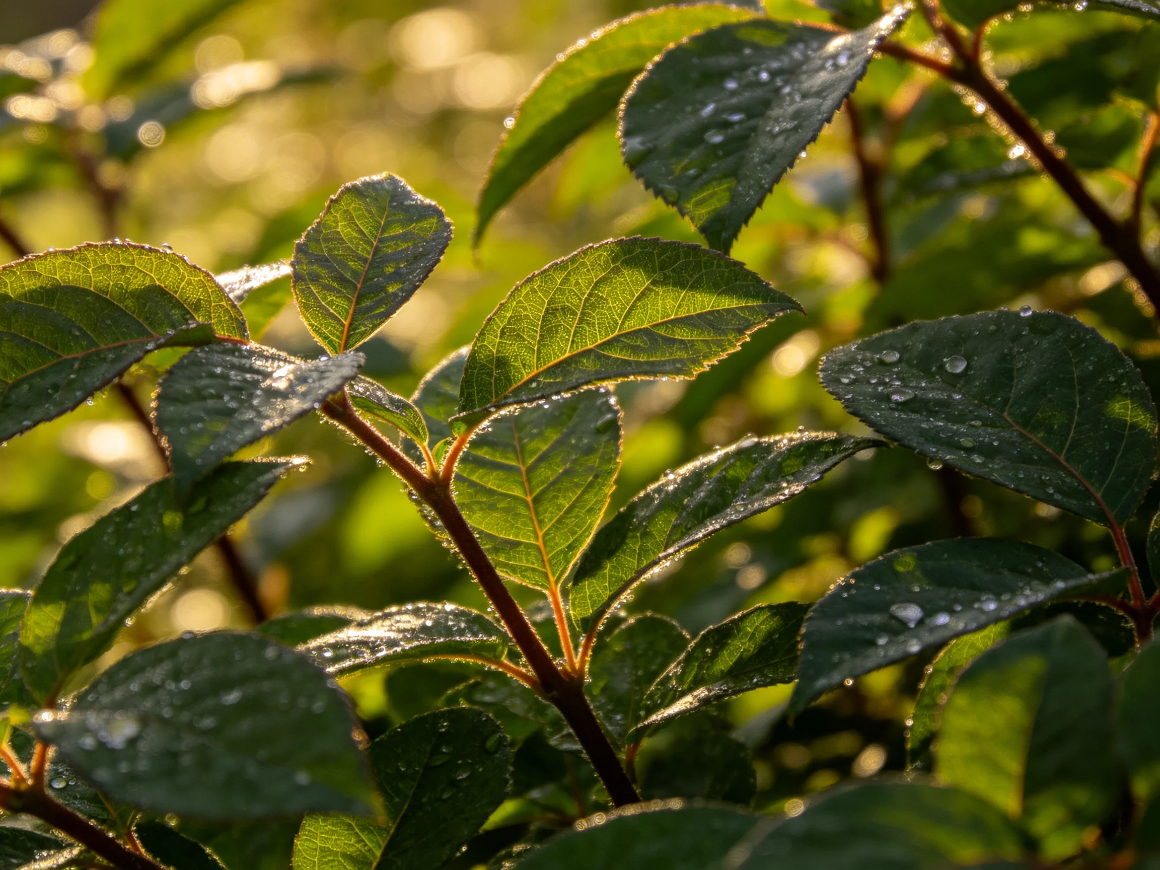 Dew-laden green leaves illuminated by golden sunlight