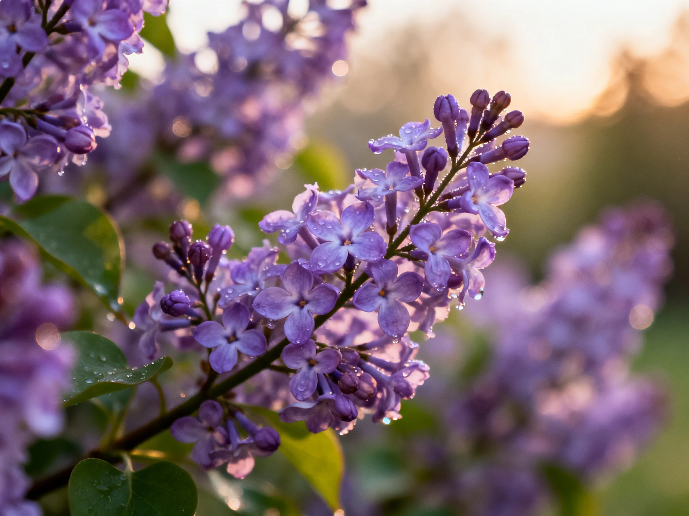 Dew-laden purple lilac blooms under golden sunlight