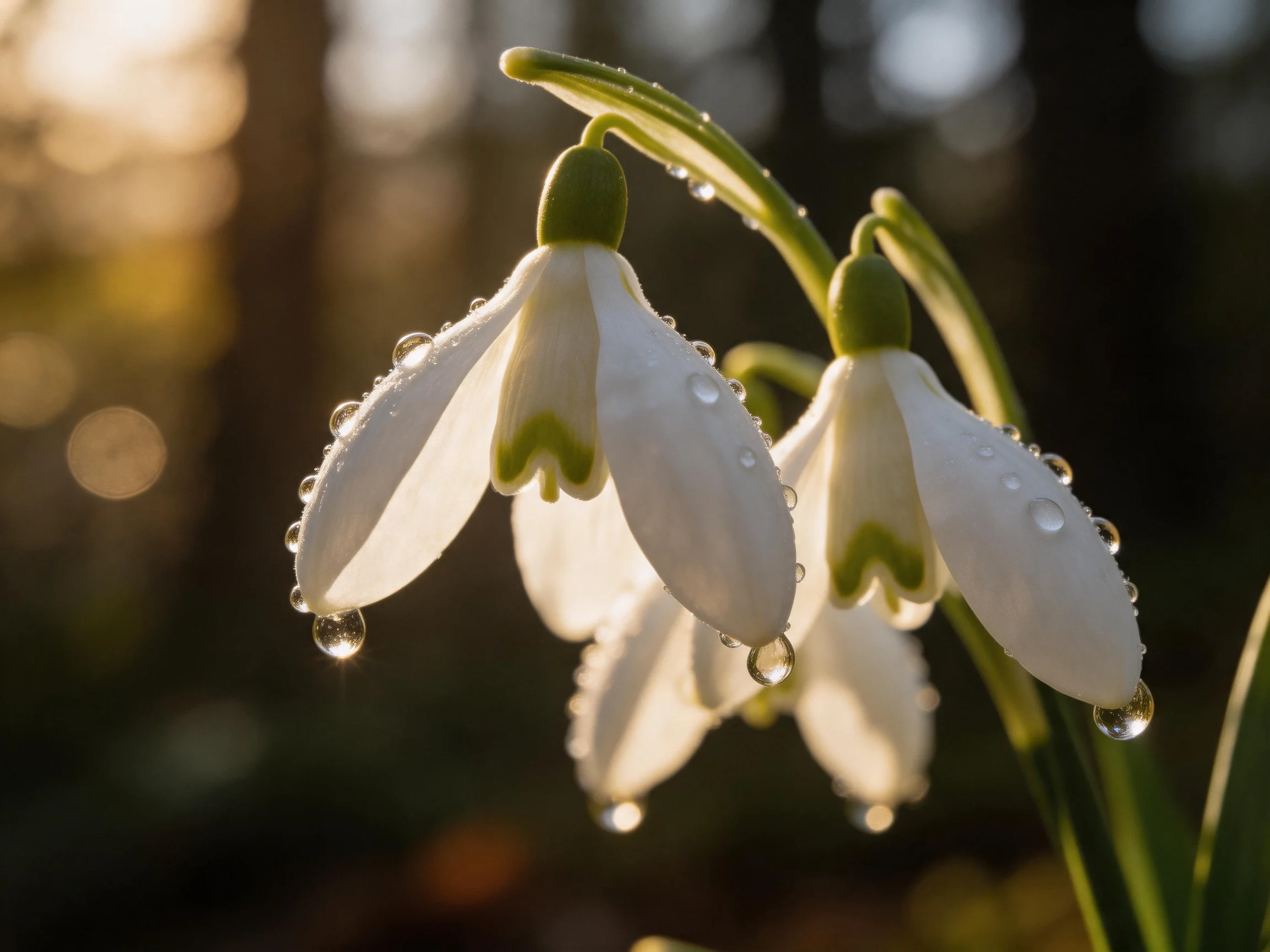 Dew-laden snowdrop blossoms bathed in golden light