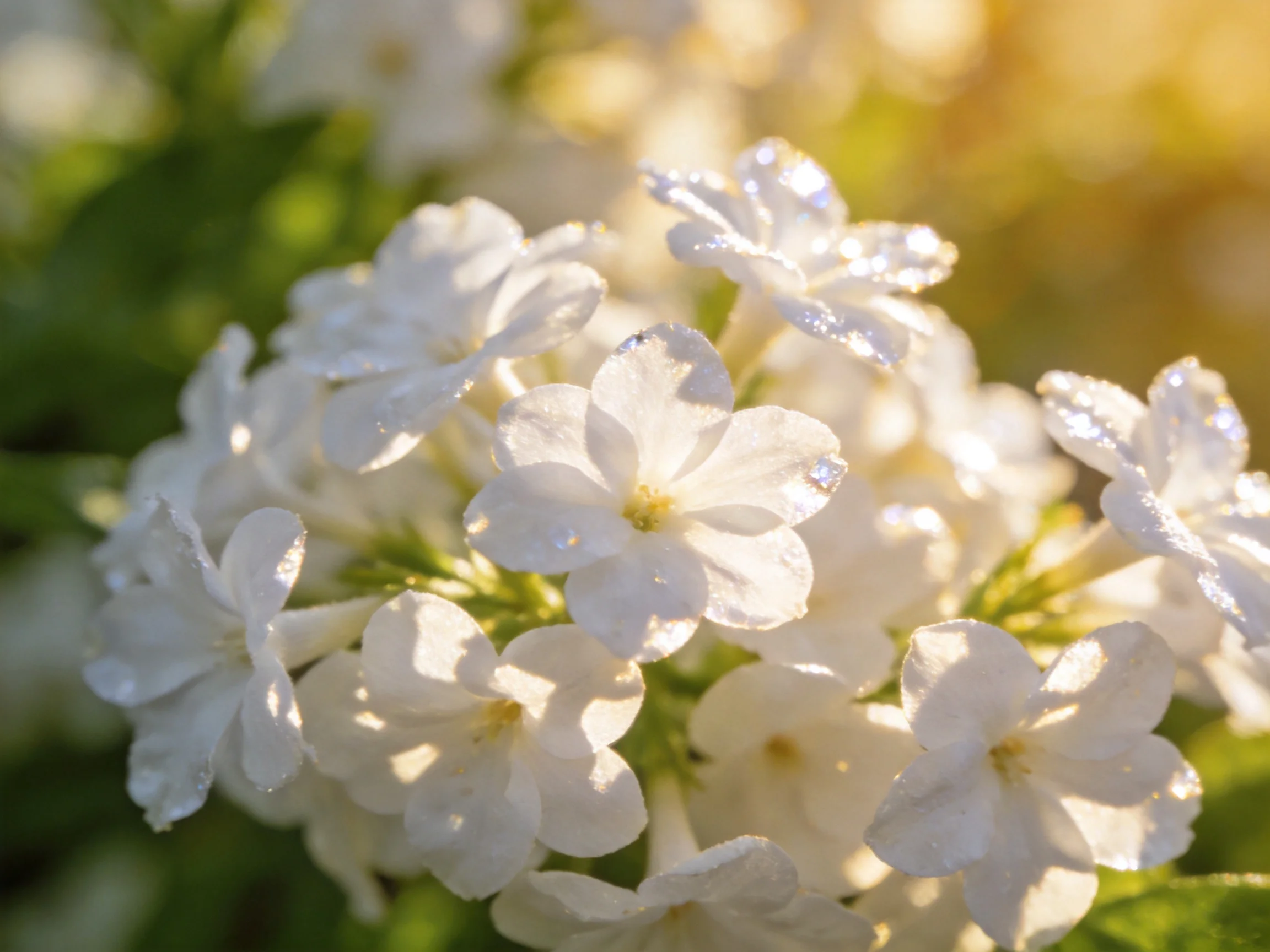 Dew-laden white flowers illuminated by golden sunlight