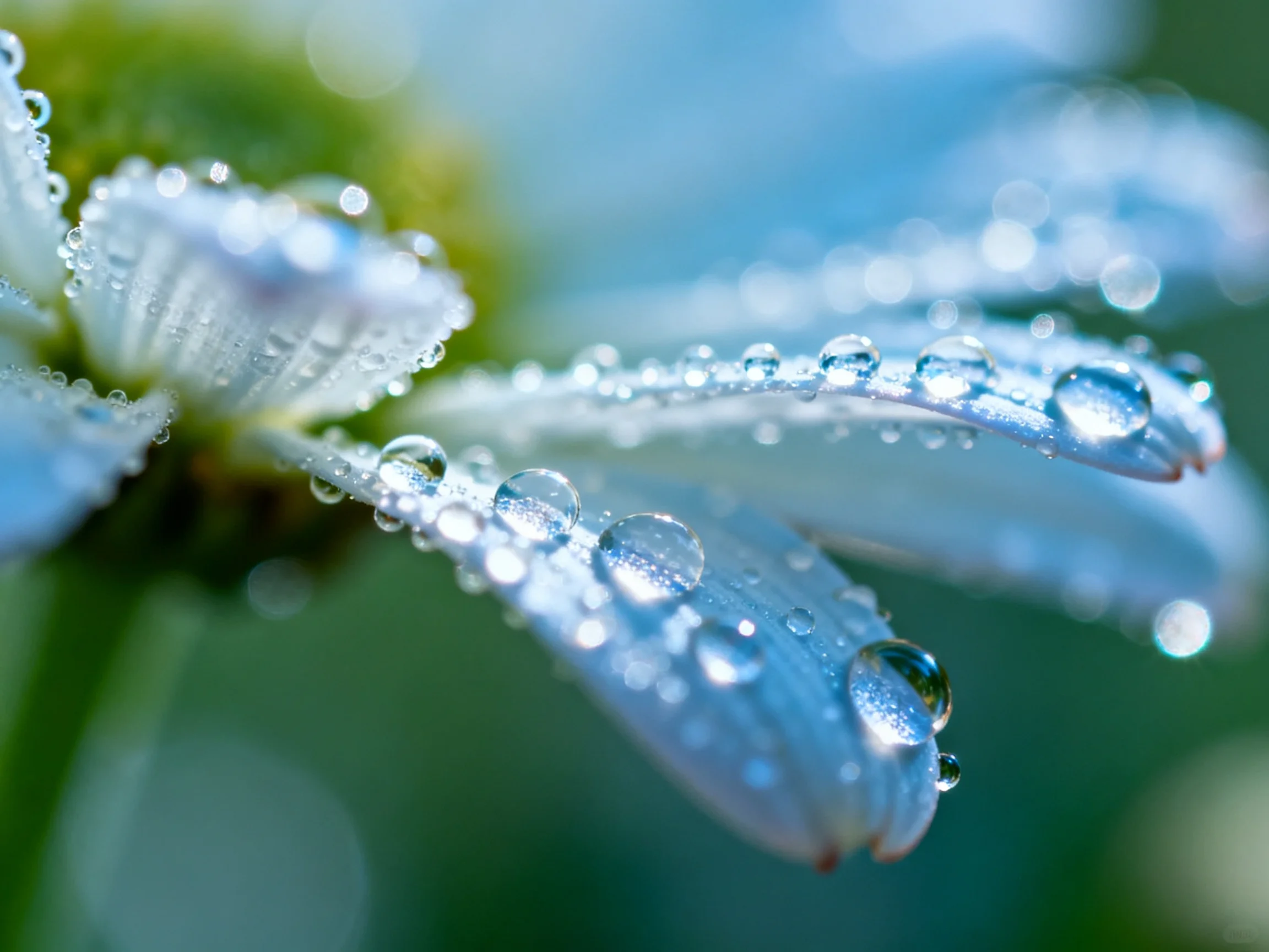 Dewdrops Adorning White Petals with Blue-Green Blurred Background